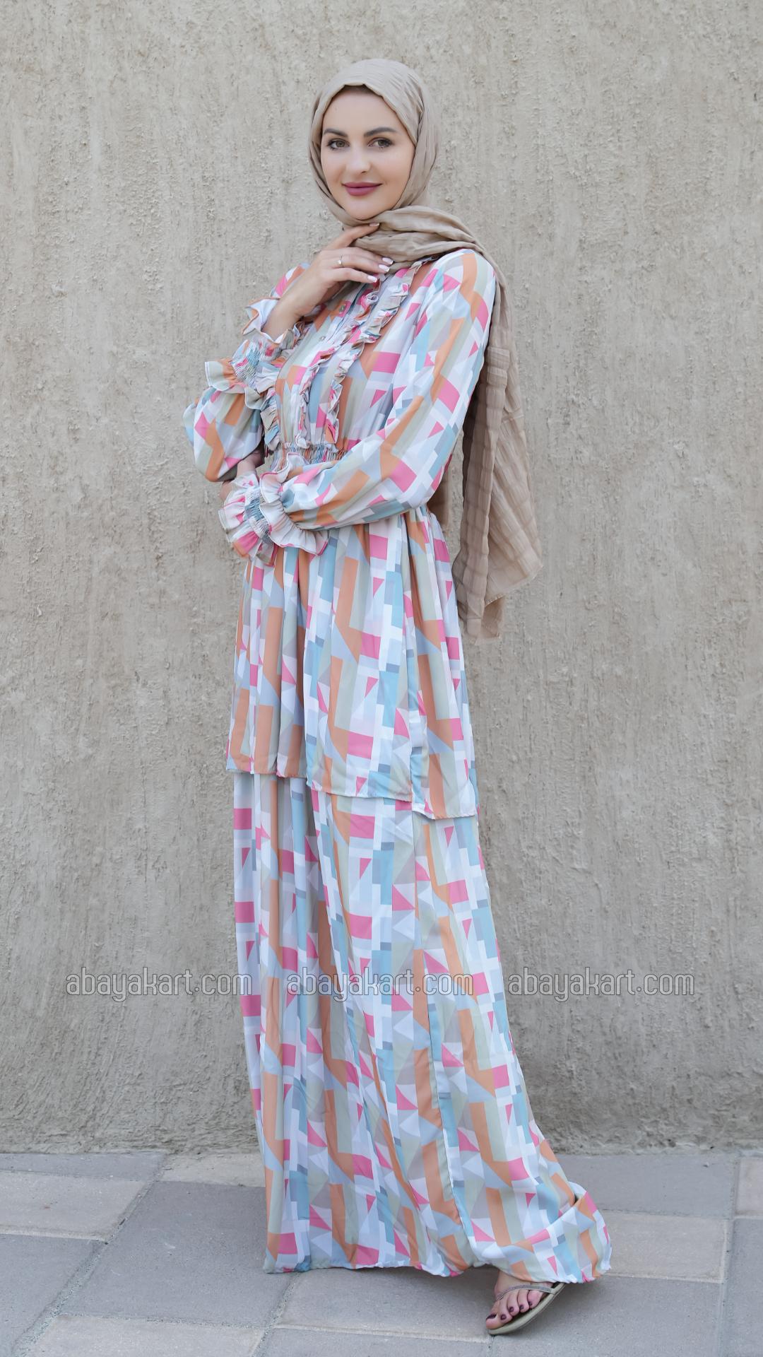 Bulk Elegant Layered Modest Dress with Mosaic Print