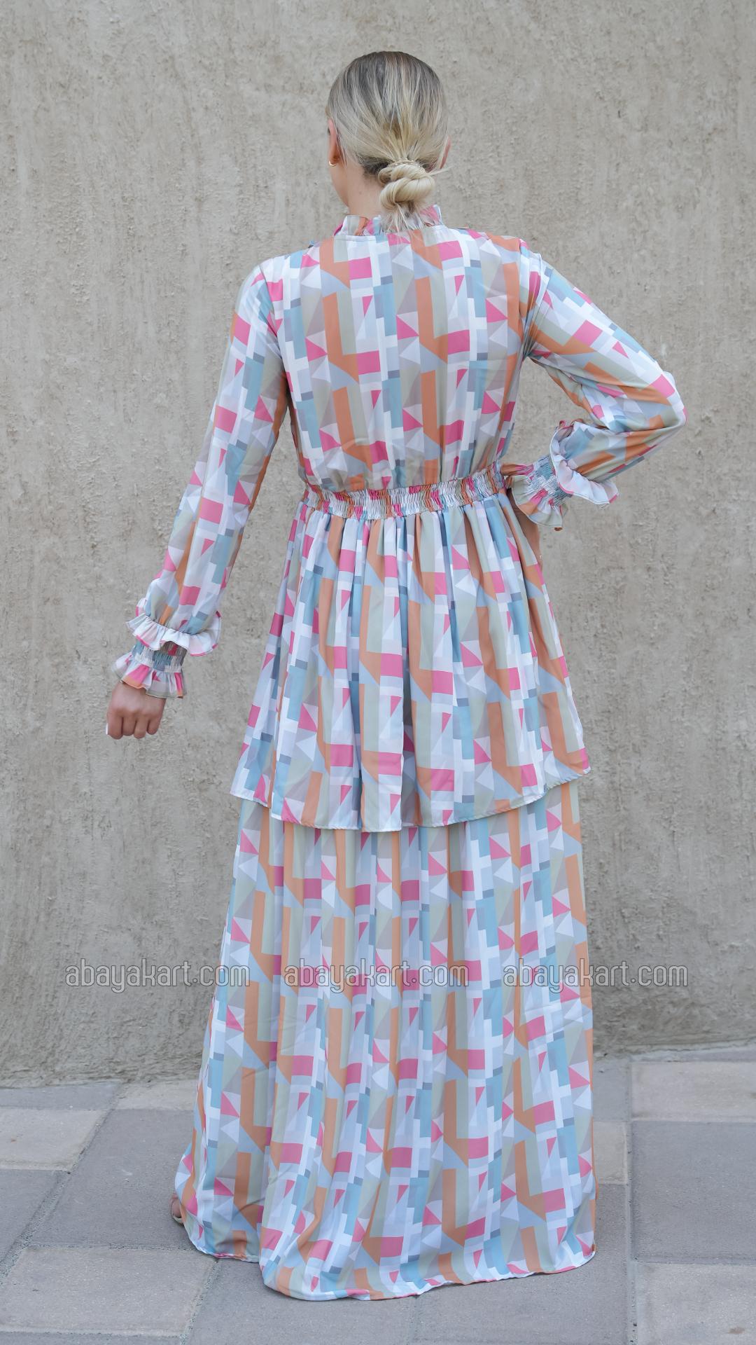 Bulk Elegant Layered Modest Dress with Mosaic Print