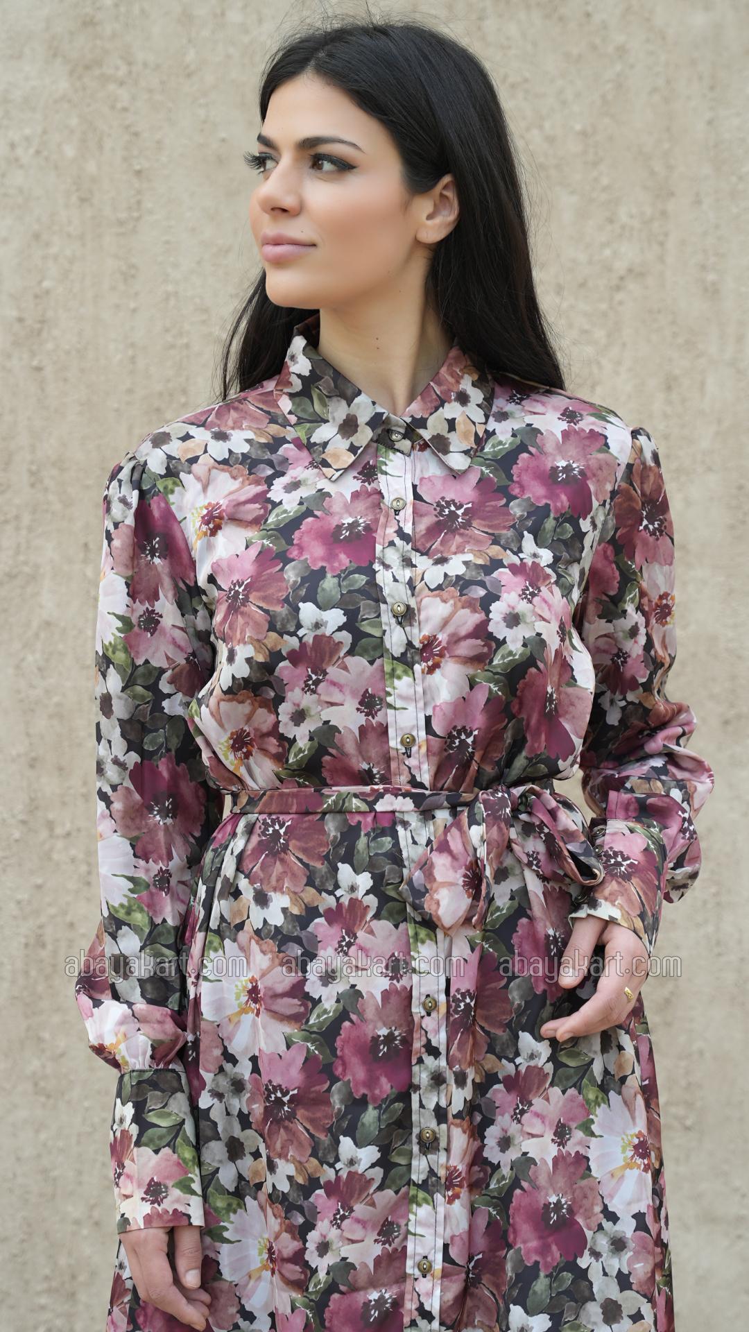 Bulk Front Open Modest Dress with Floral Print