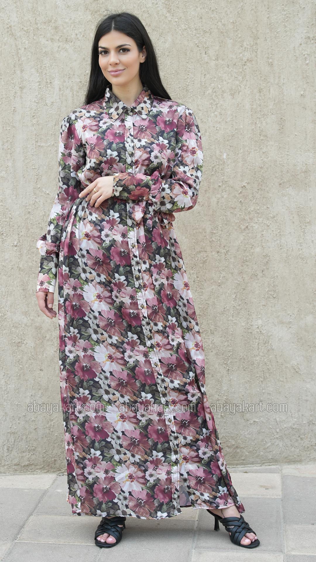 Bulk Front Open Modest Dress with Floral Print