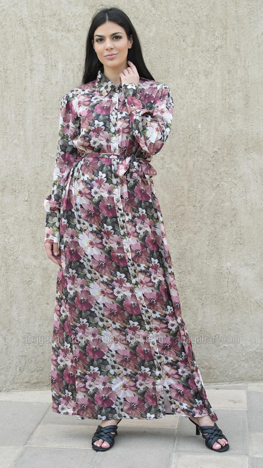 Bulk Front Open Modest Dress with Floral Print