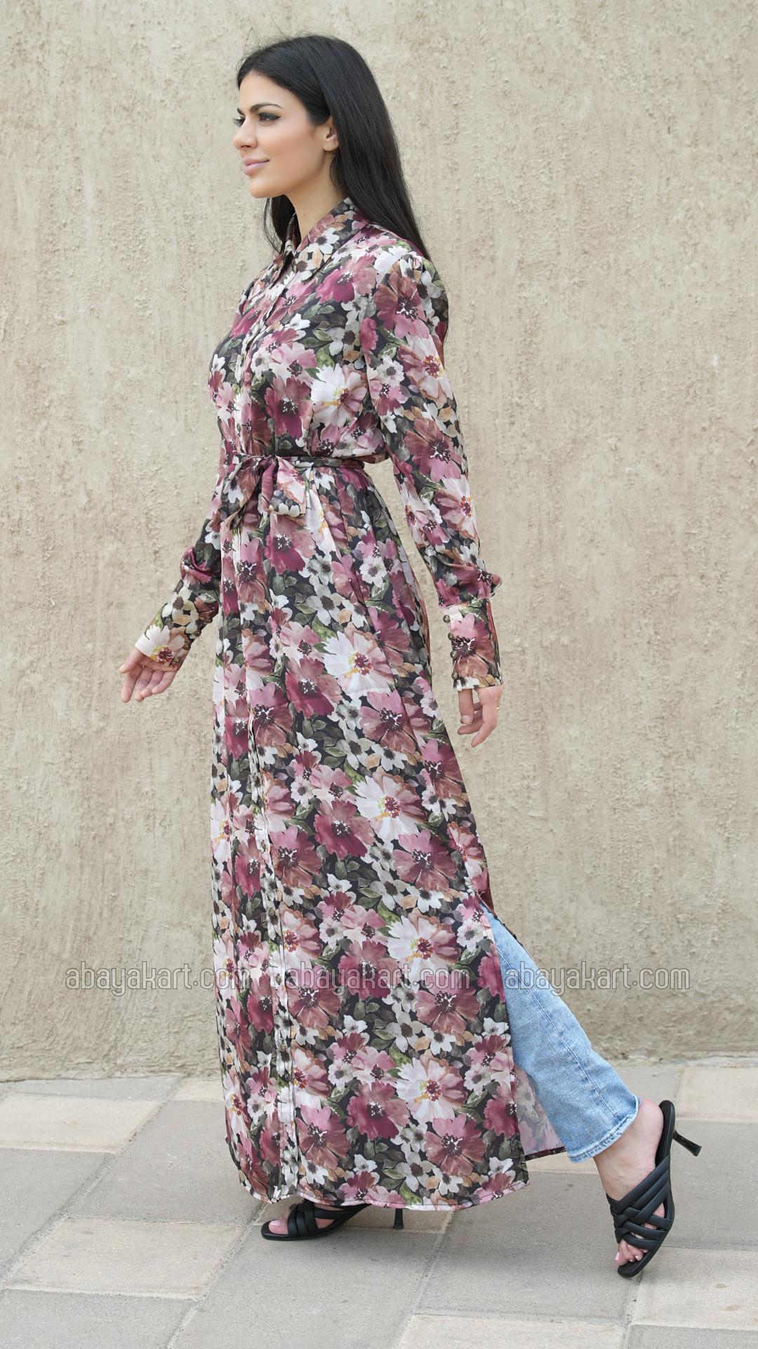 Bulk Front Open Modest Dress with Floral Print