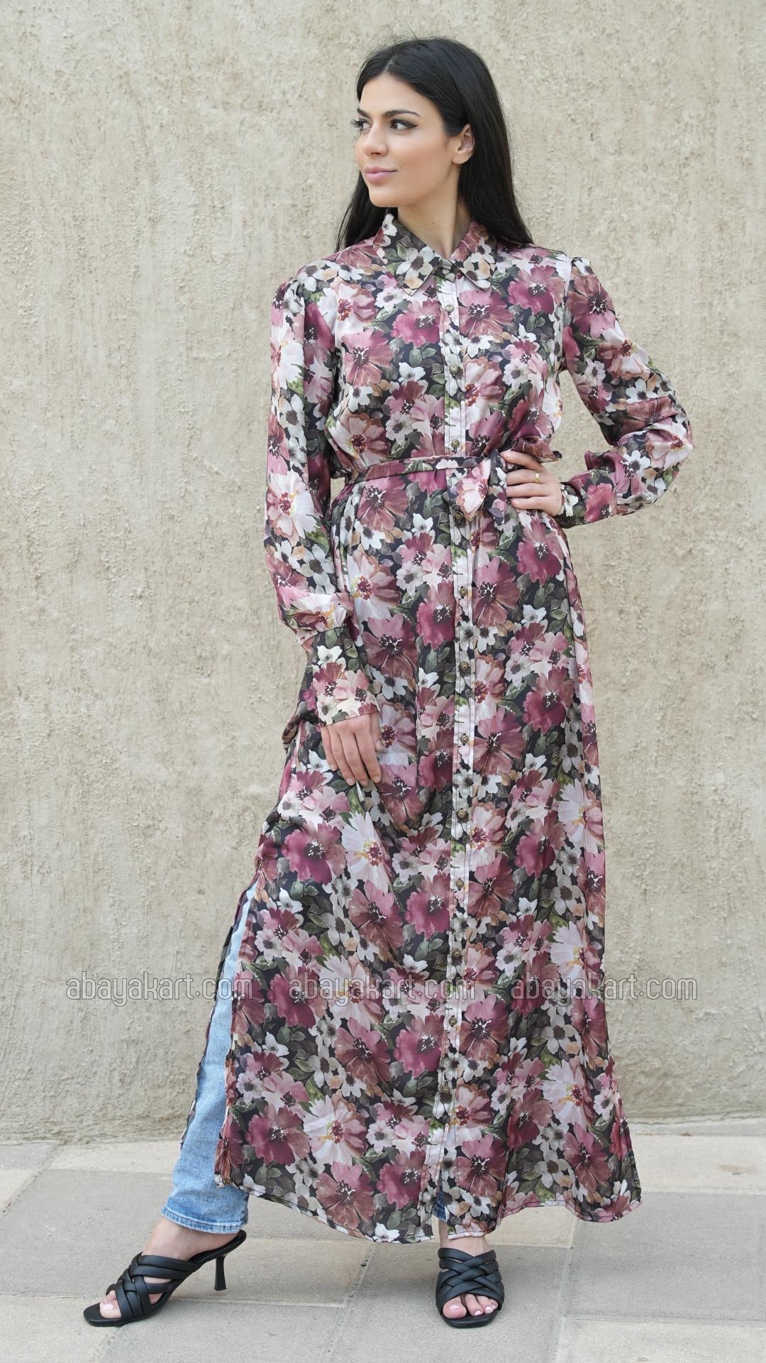 Bulk Front Open Modest Dress with Floral Print