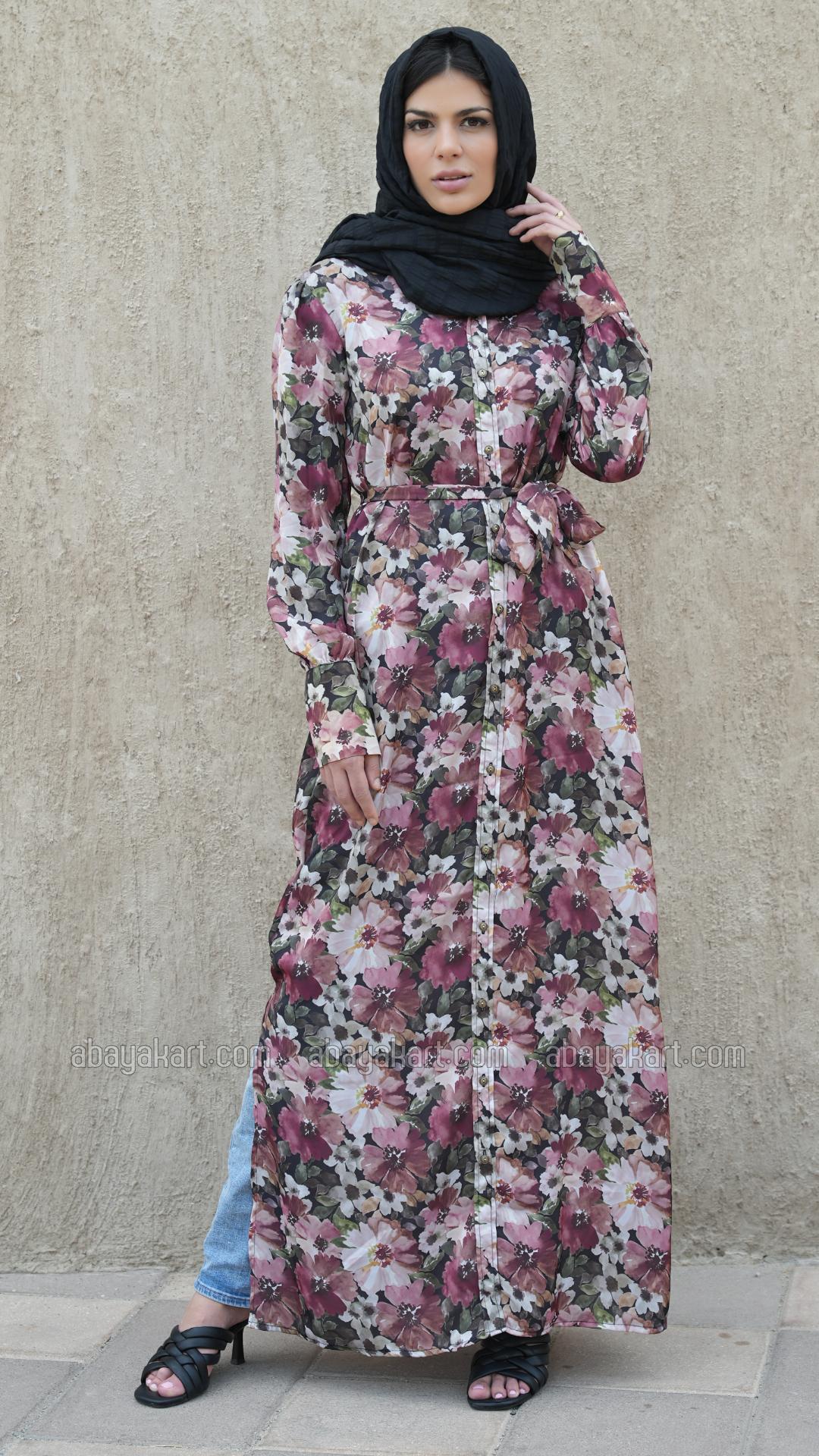 Bulk Front Open Modest Dress with Floral Print