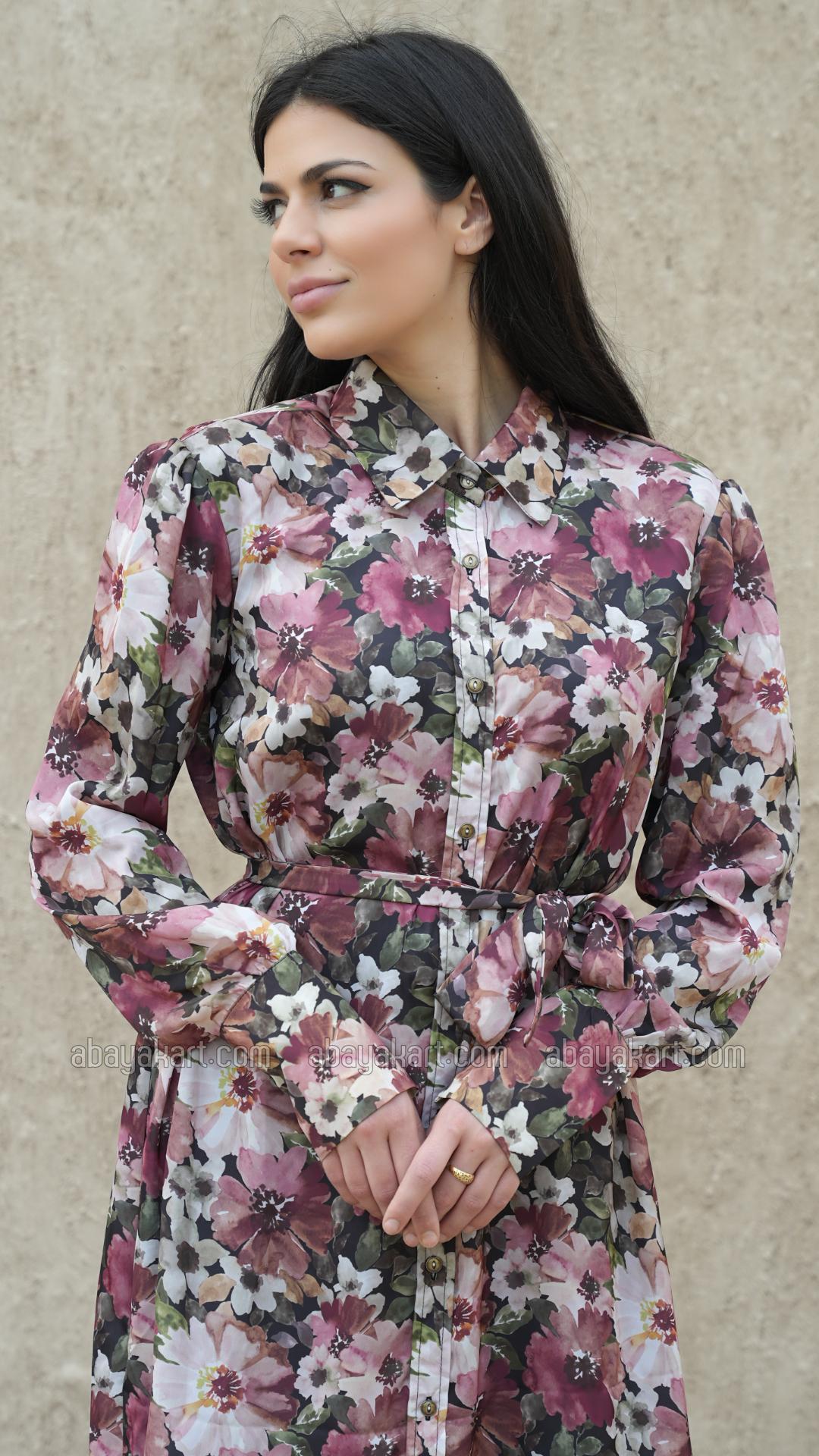 Bulk Front Open Modest Dress with Floral Print