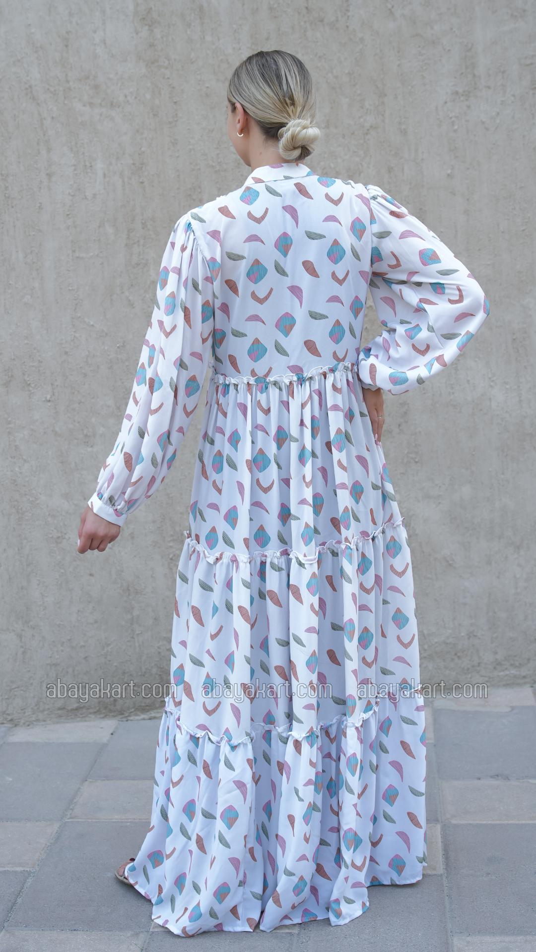 Bulk Modest Dress with Mordant Printing in Off White 