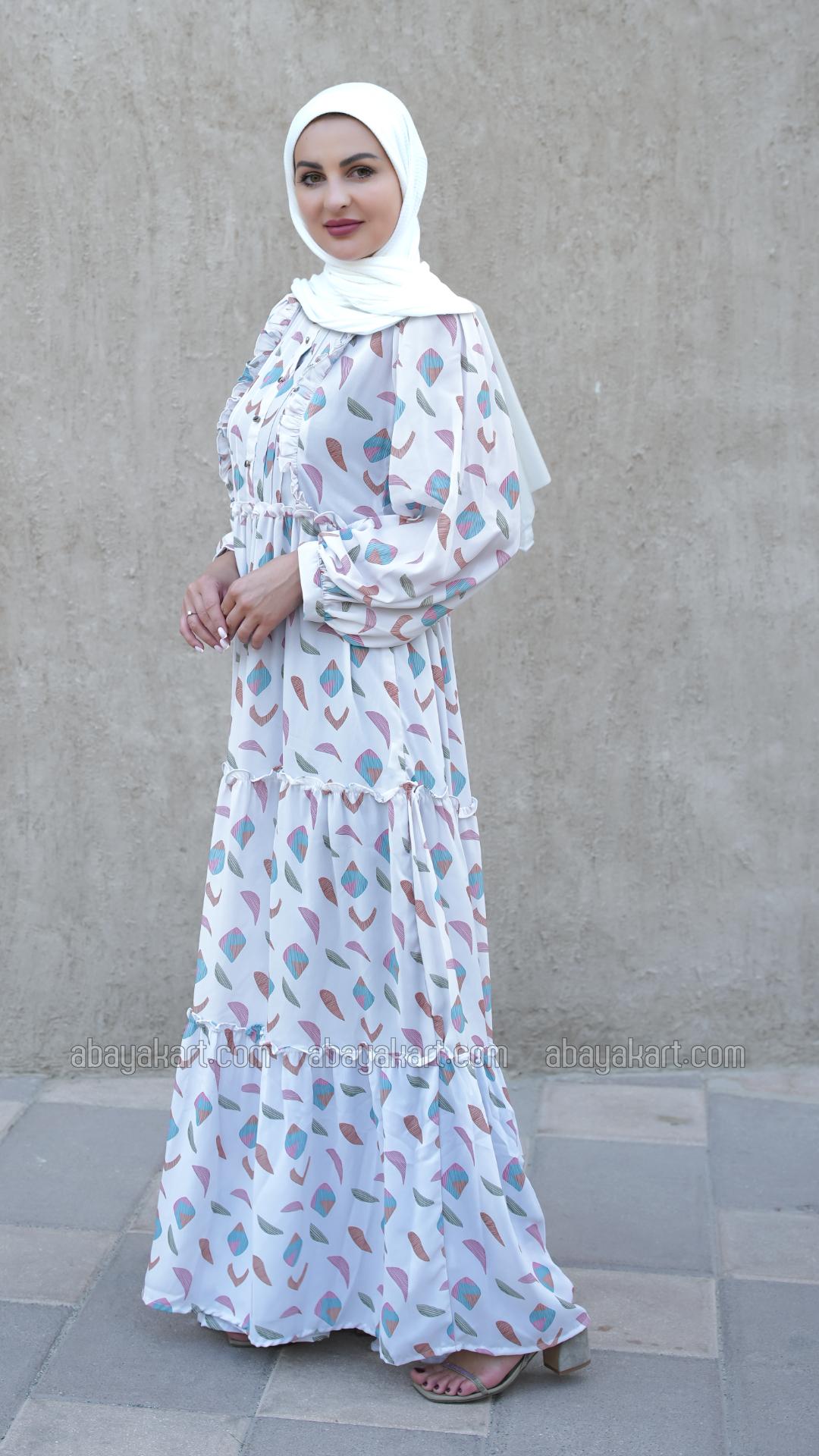 Bulk Modest Dress with Mordant Printing in Off White 