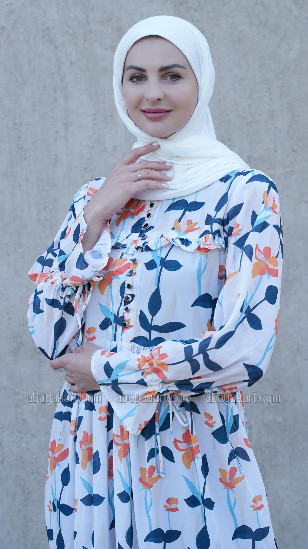 Bulk Floral Printed Modest Dress in Off White