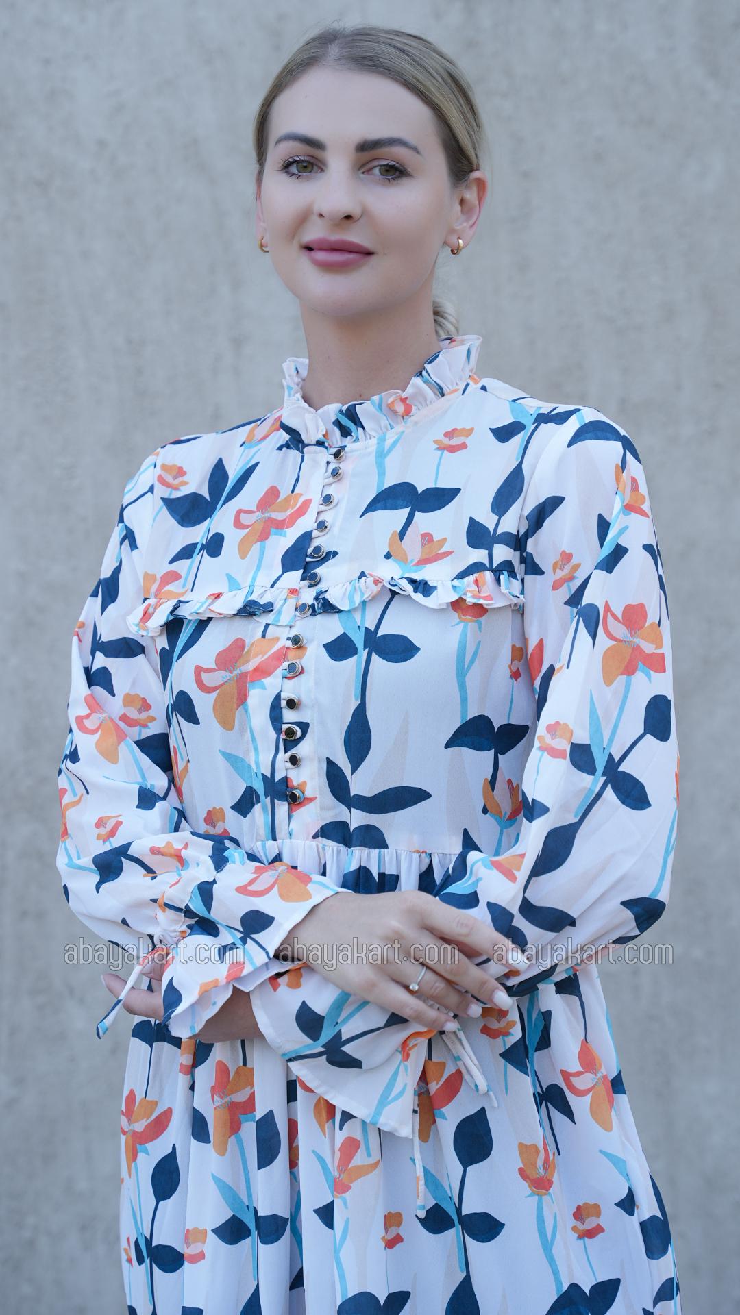 Bulk Floral Printed Modest Dress in Off White