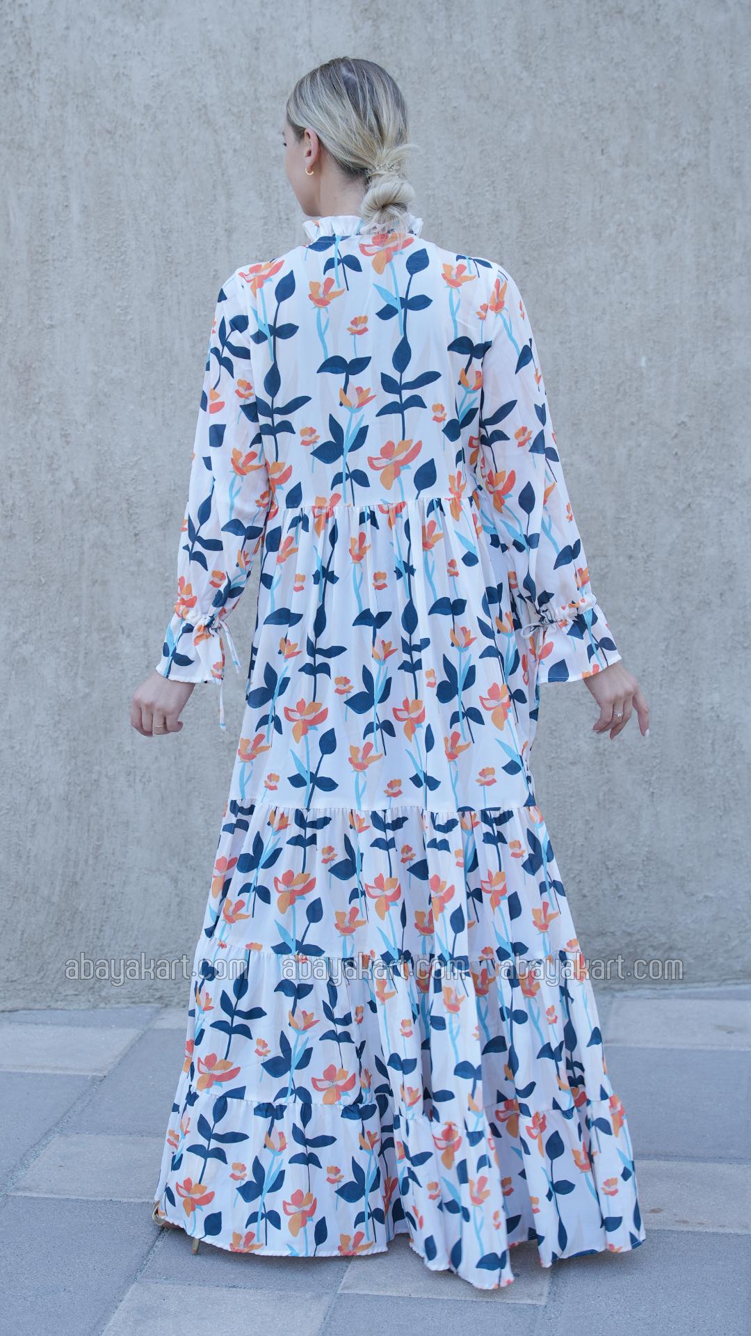 Bulk Floral Printed Modest Dress in Off White