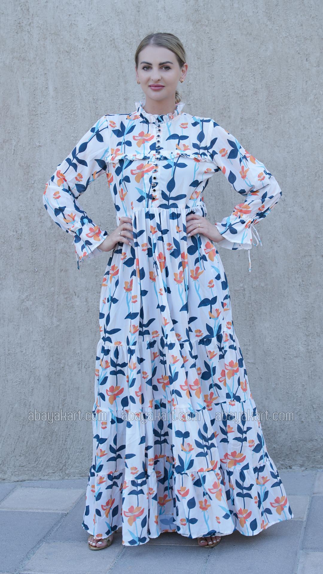 Bulk Floral Printed Modest Dress in Off White