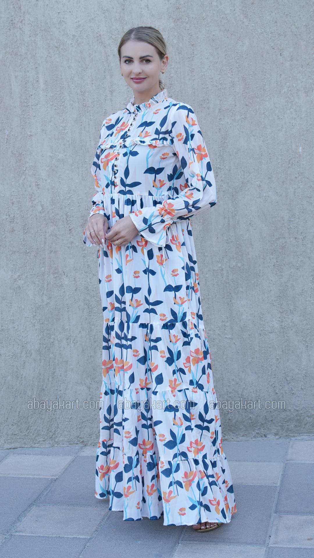 Bulk Floral Printed Modest Dress in Off White