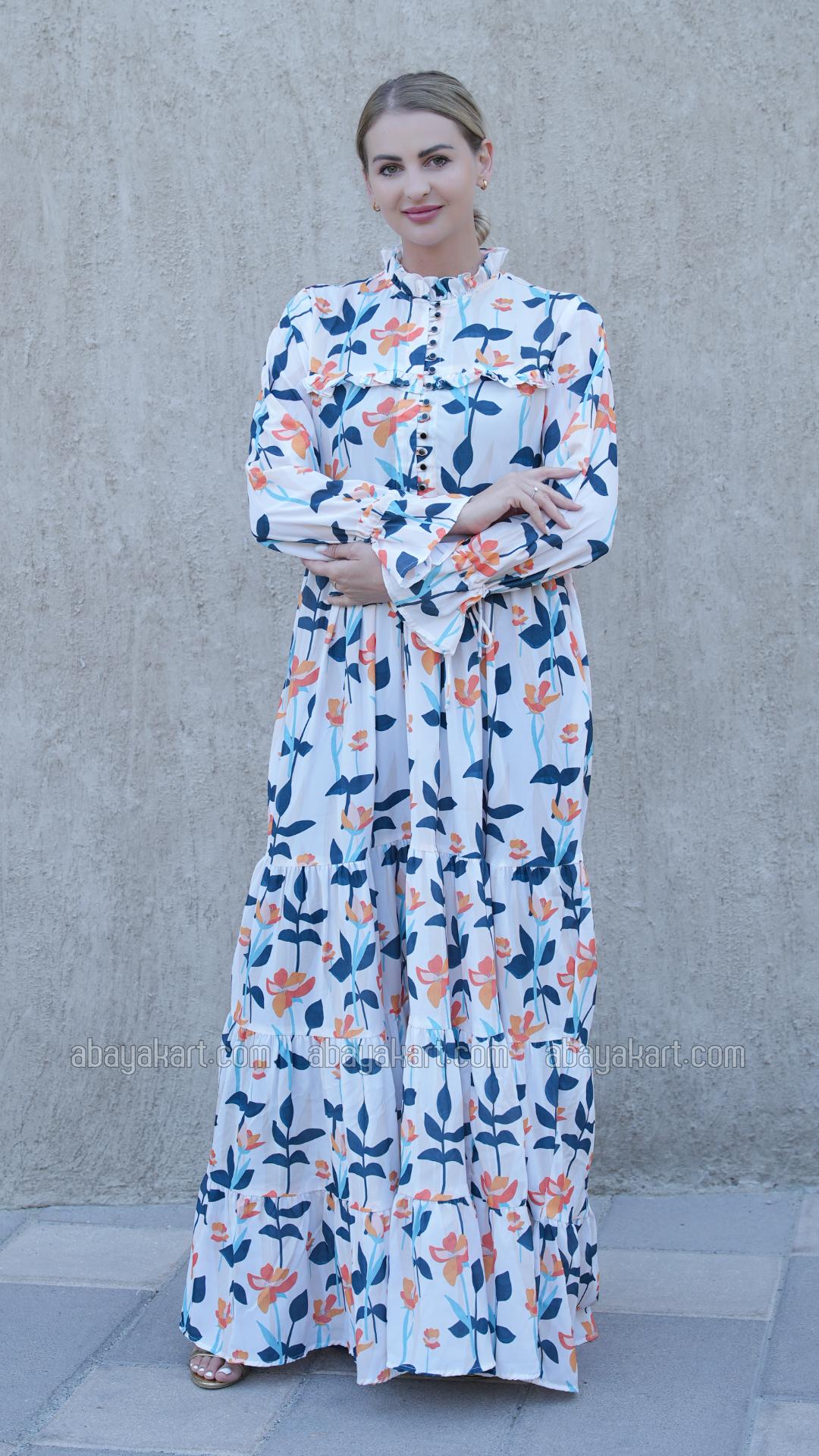 Bulk Floral Printed Modest Dress in Off White