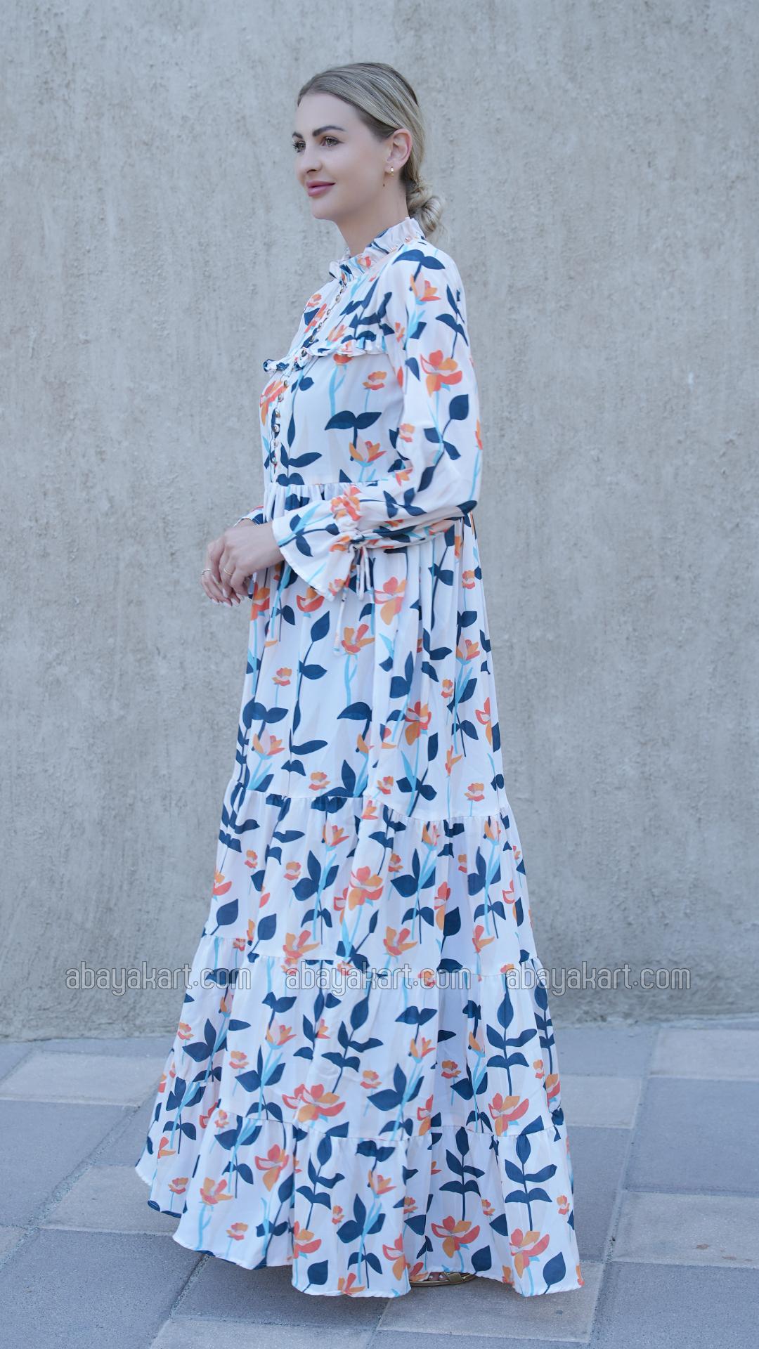 Bulk Floral Printed Modest Dress in Off White