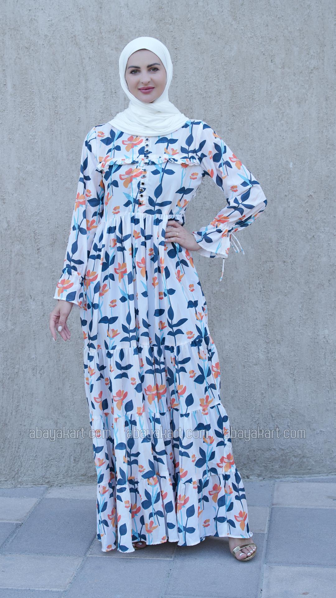 Bulk Floral Printed Modest Dress in Off White