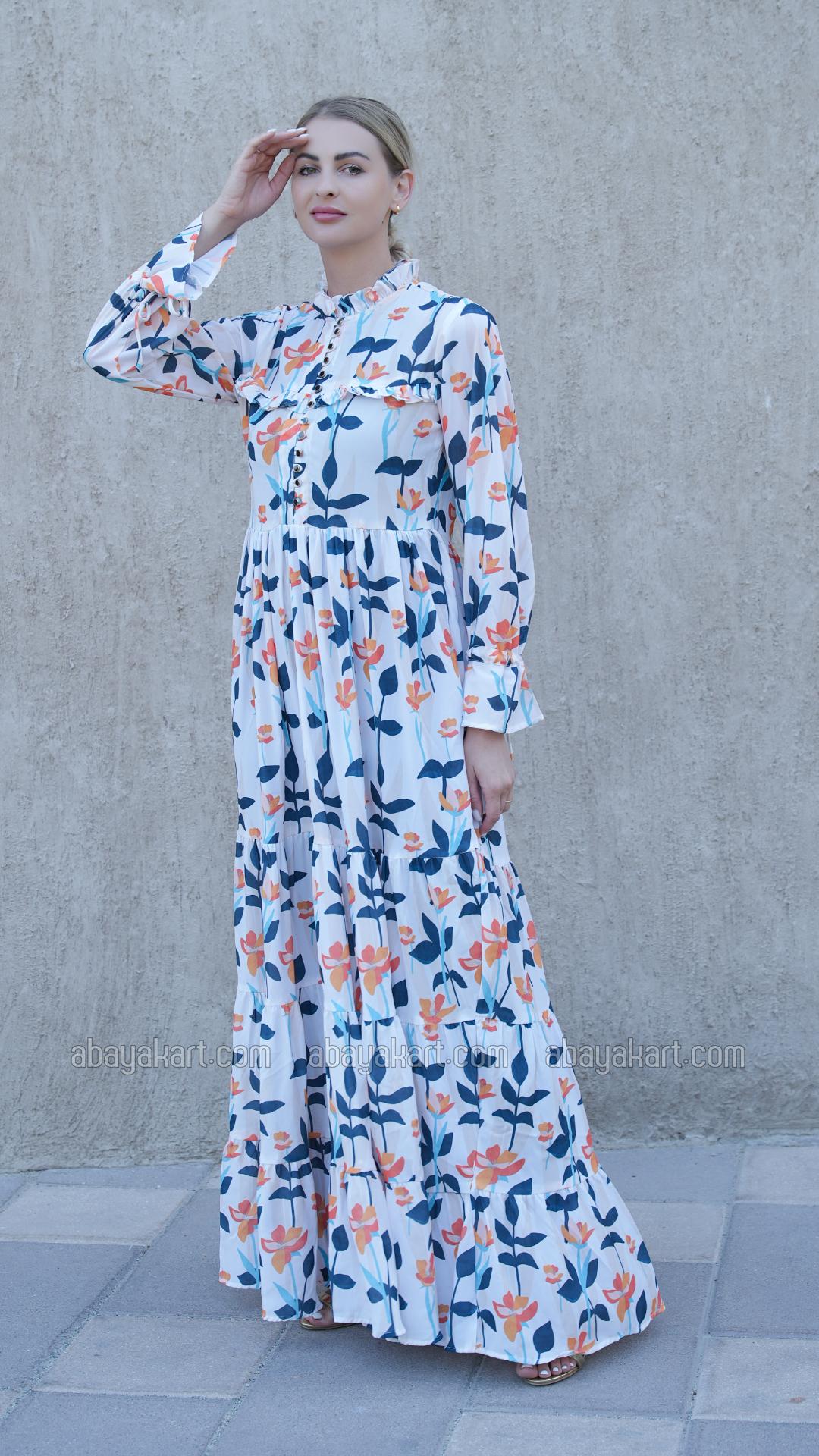 Bulk Floral Printed Modest Dress in Off White