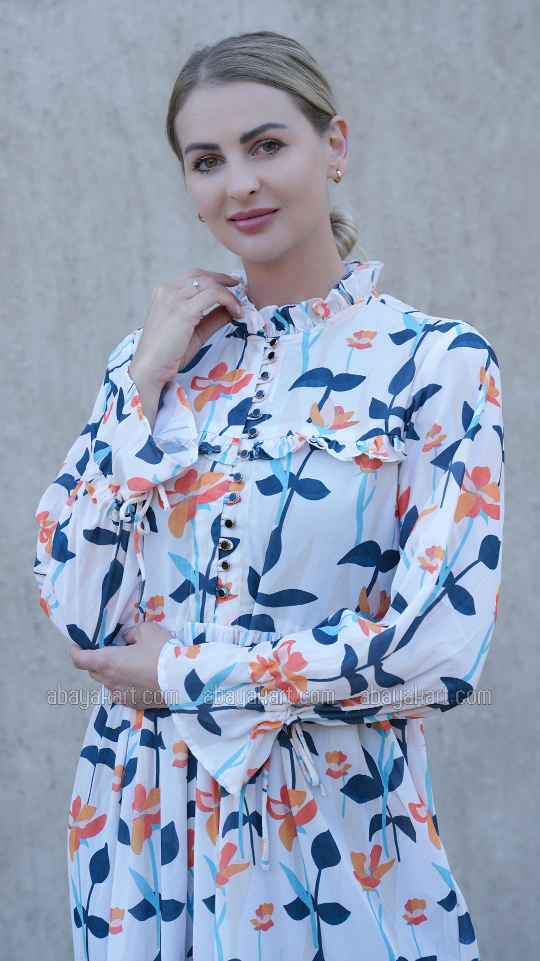 Bulk Floral Printed Modest Dress in Off White