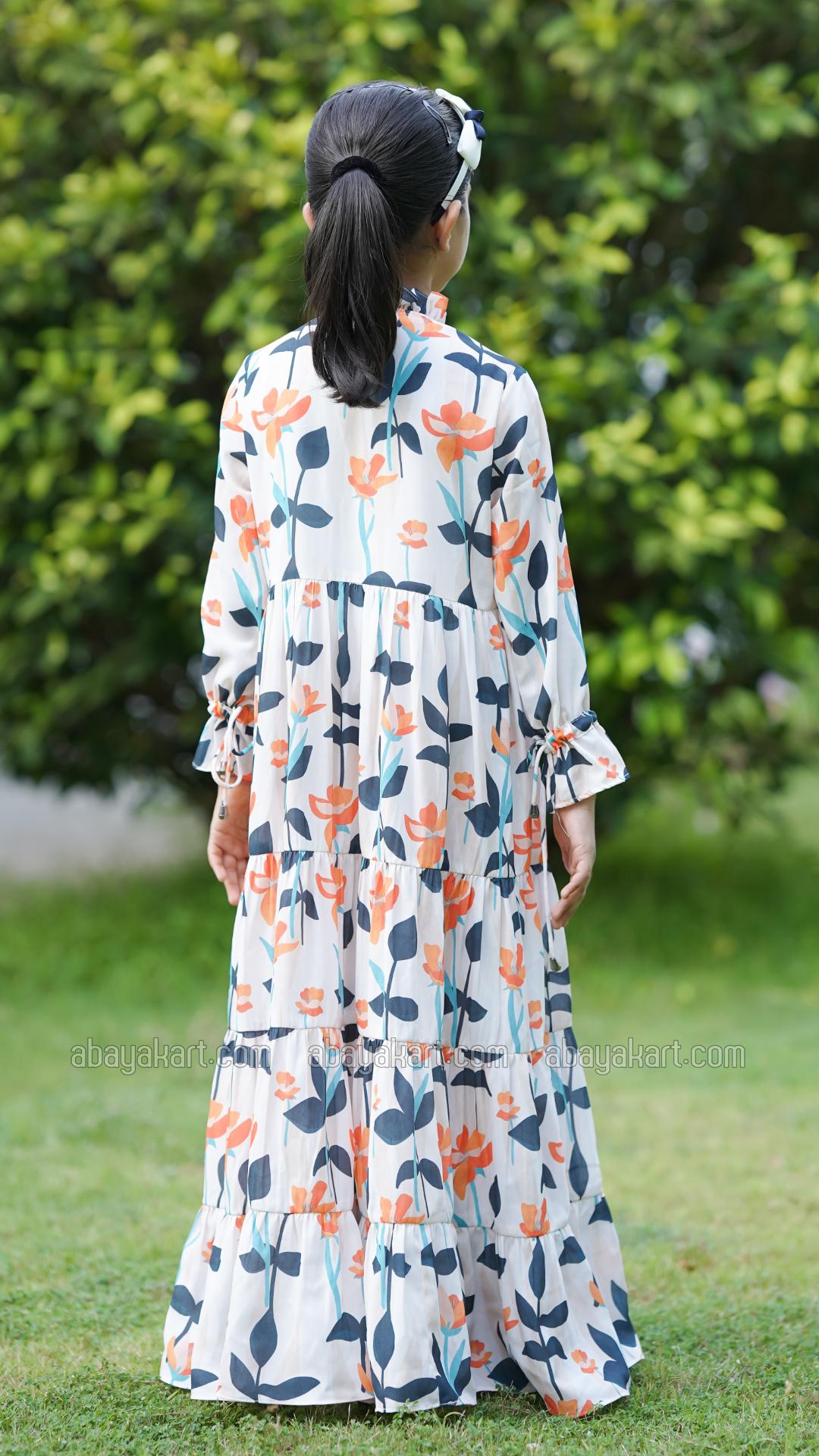 Bulk Kids Floral Printed Modest Dress In Offwhite