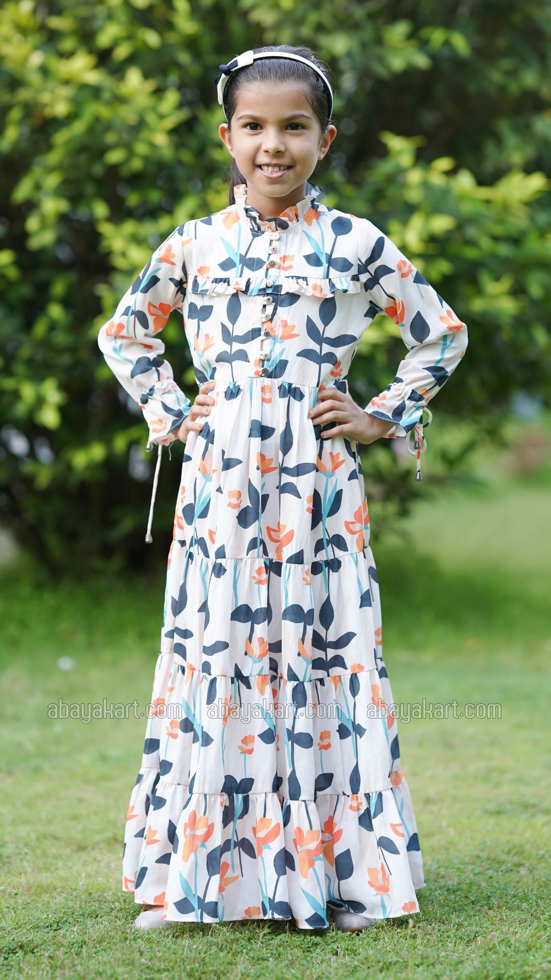 Bulk Kids Floral Printed Modest Dress In Offwhite