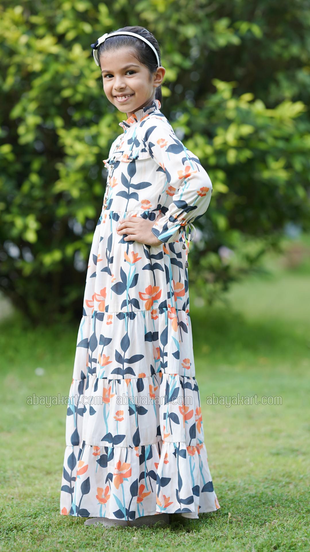 Bulk Kids Floral Printed Modest Dress In Offwhite