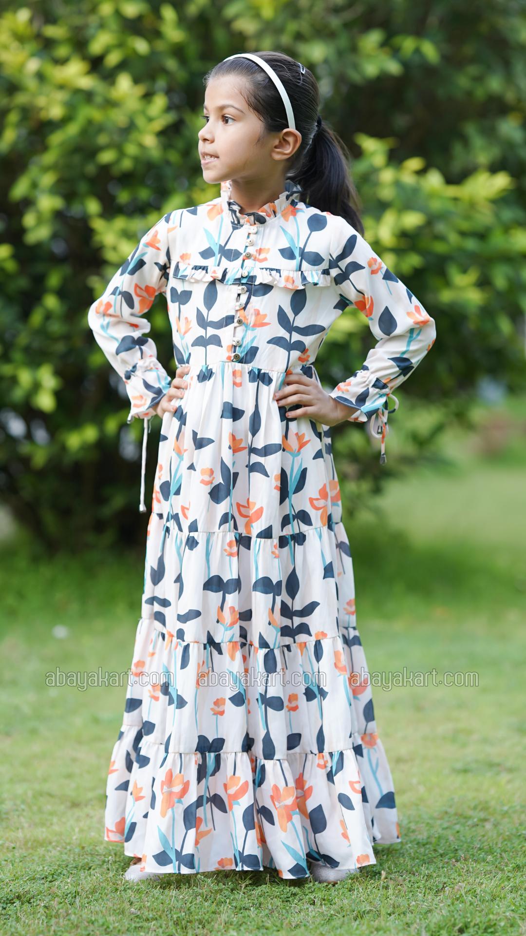 Bulk Kids Floral Printed Modest Dress In Offwhite