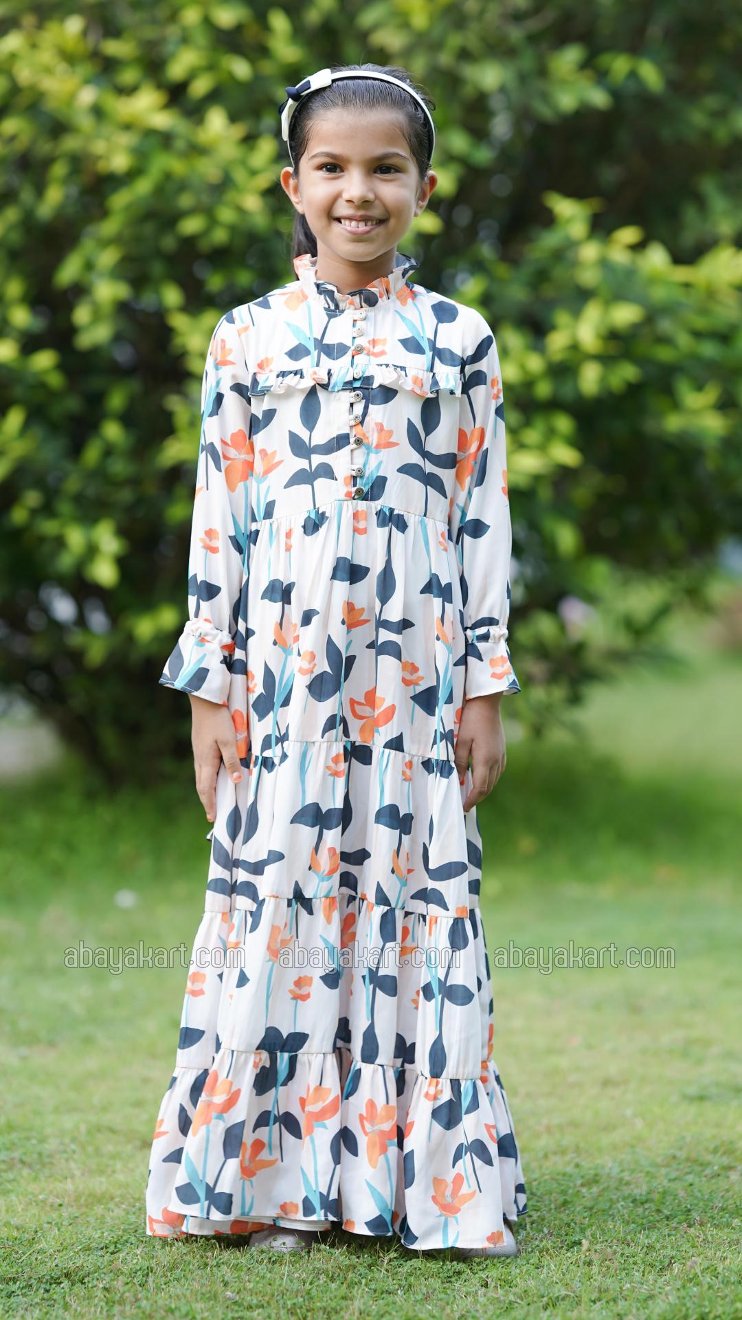 Bulk Kids Floral Printed Modest Dress In Offwhite