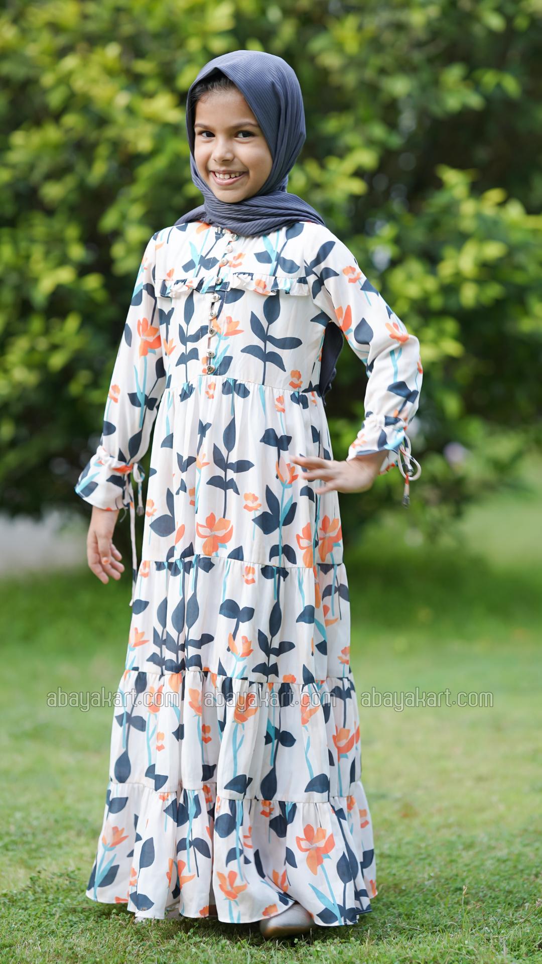 Bulk Kids Floral Printed Modest Dress In Offwhite