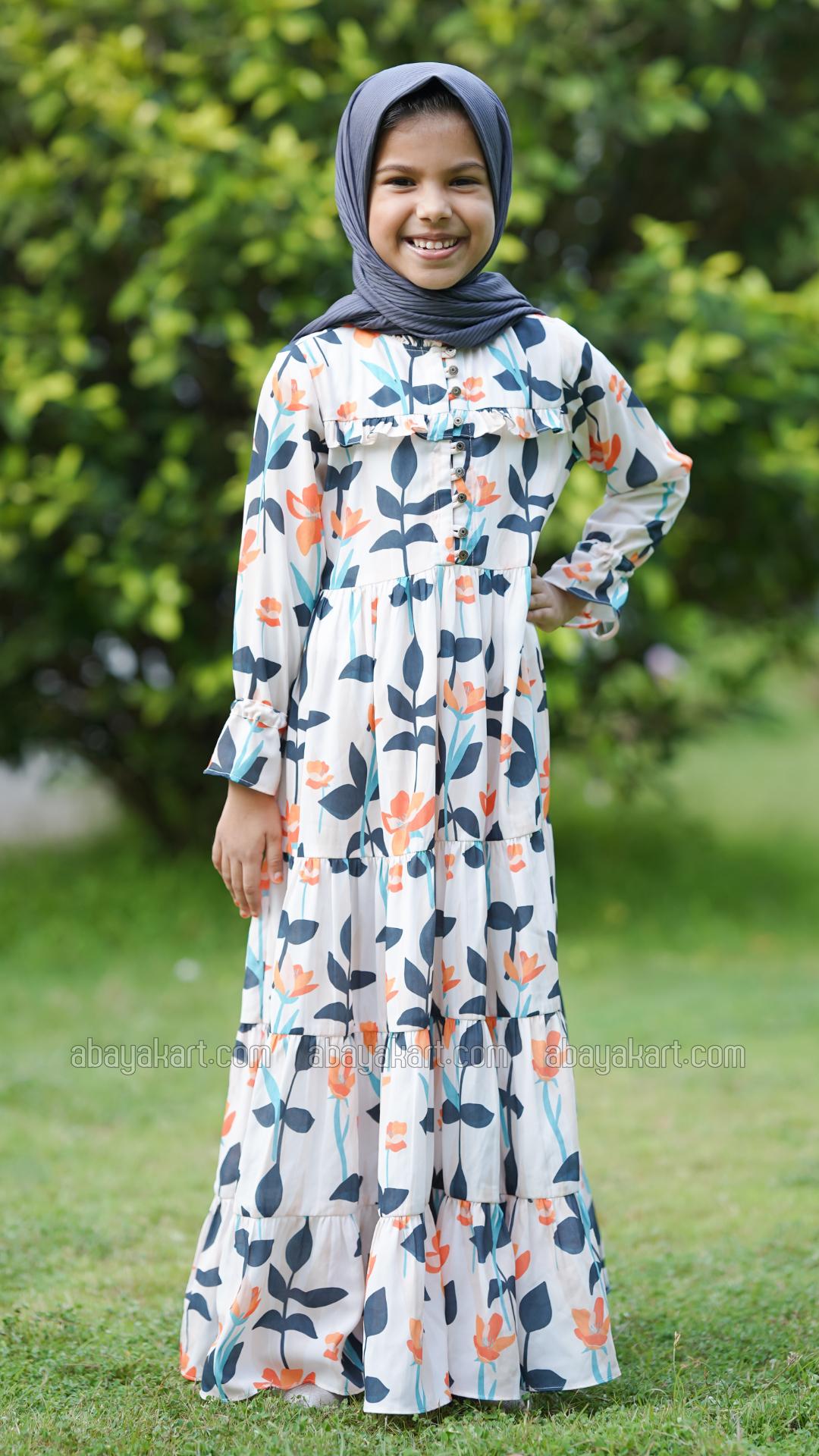 Bulk Kids Floral Printed Modest Dress In Offwhite