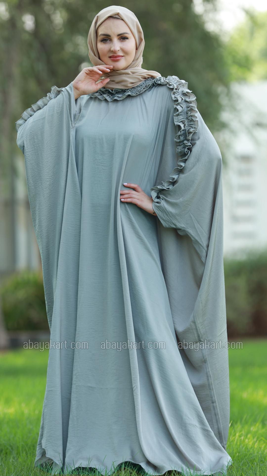 Bulk Kaftan with Frill Work on the Sleeves and Neck in Chrome Grey