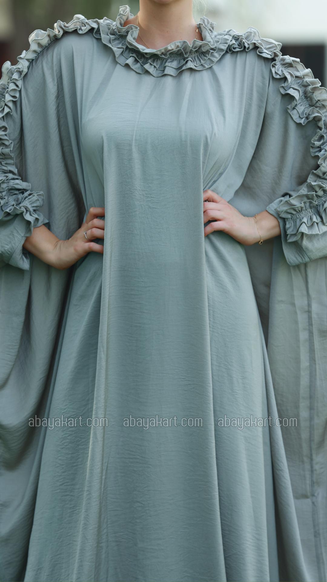 Bulk Kaftan with Frill Work on the Sleeves and Neck in Chrome Grey
