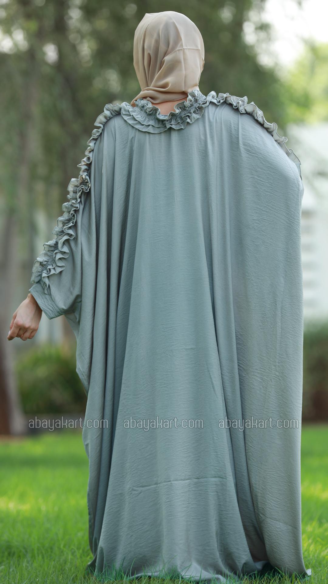 Bulk Kaftan with Frill Work on the Sleeves and Neck in Chrome Grey