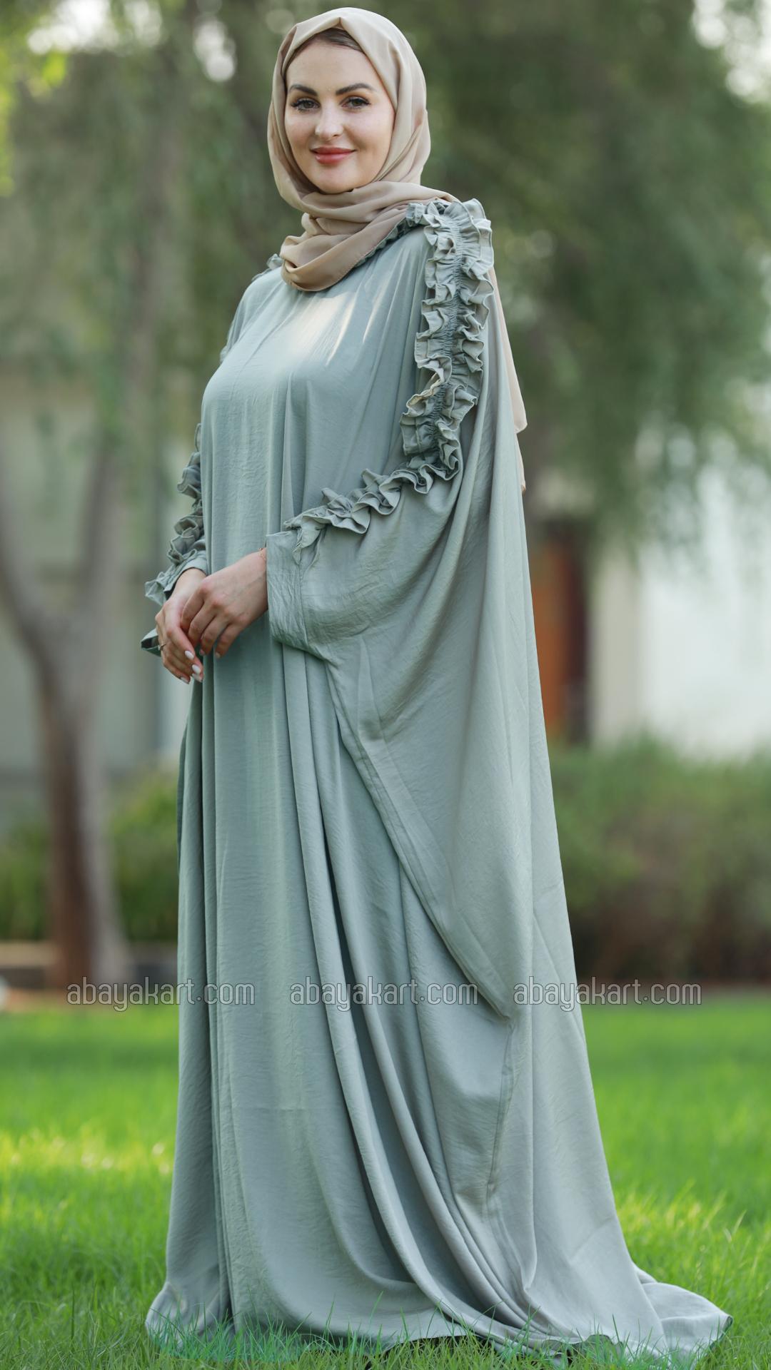 Bulk Kaftan with Frill Work on the Sleeves and Neck in Chrome Grey