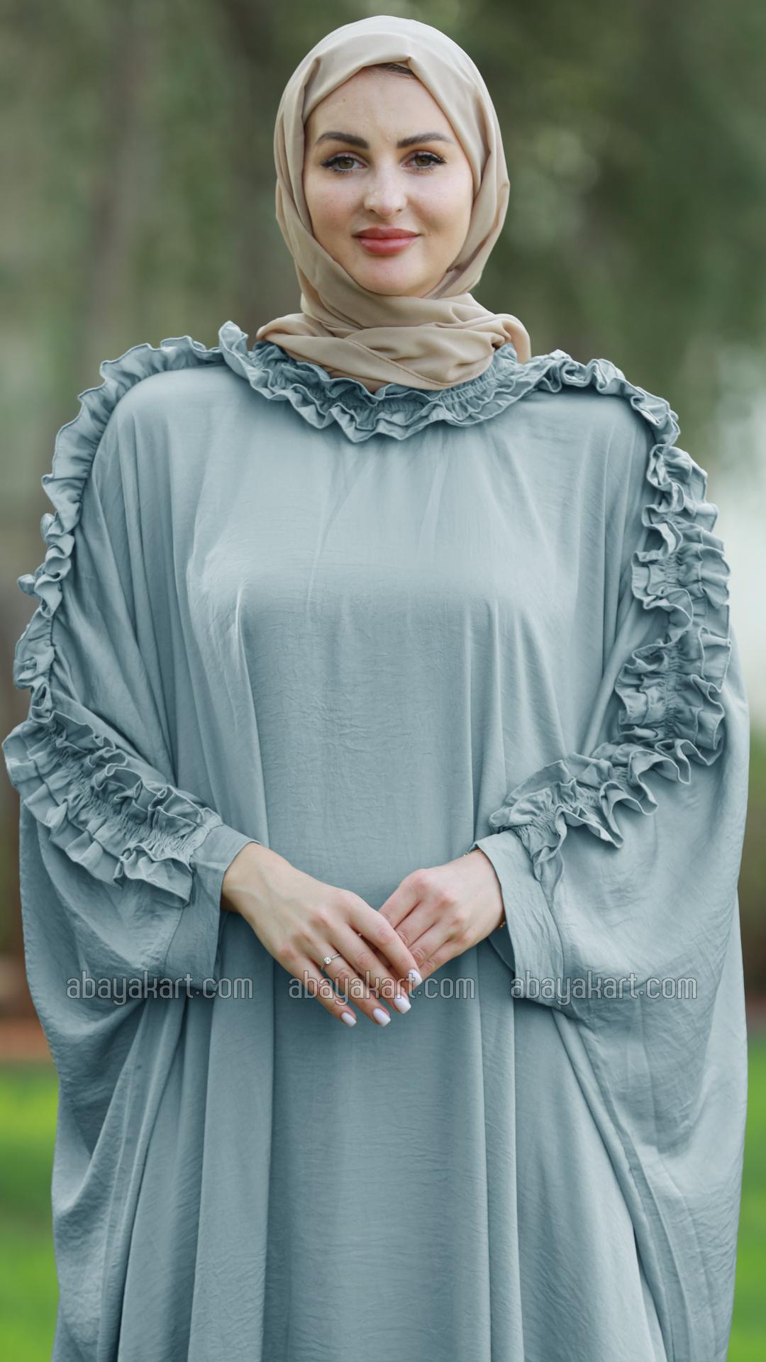 Bulk Kaftan with Frill Work on the Sleeves and Neck in Chrome Grey
