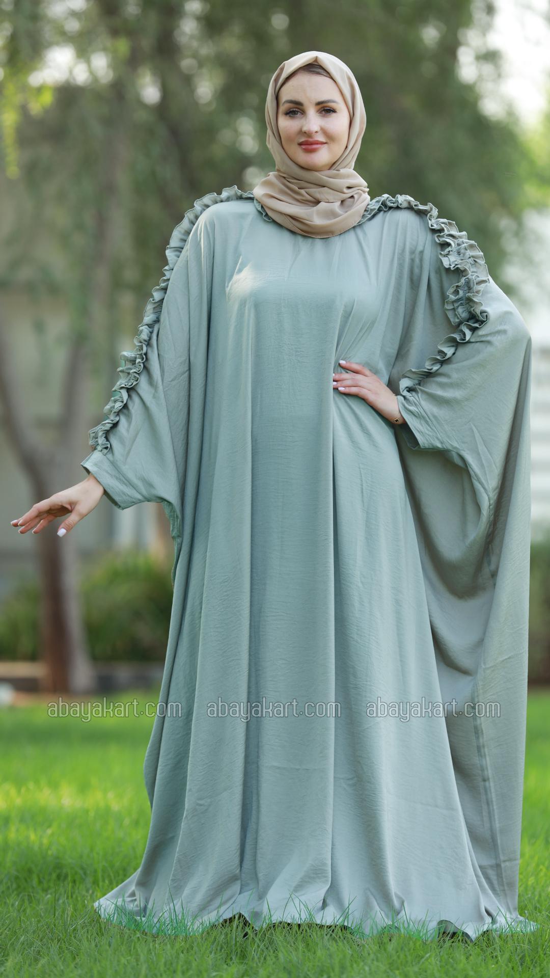 Bulk Kaftan with Frill Work on the Sleeves and Neck in Chrome Grey