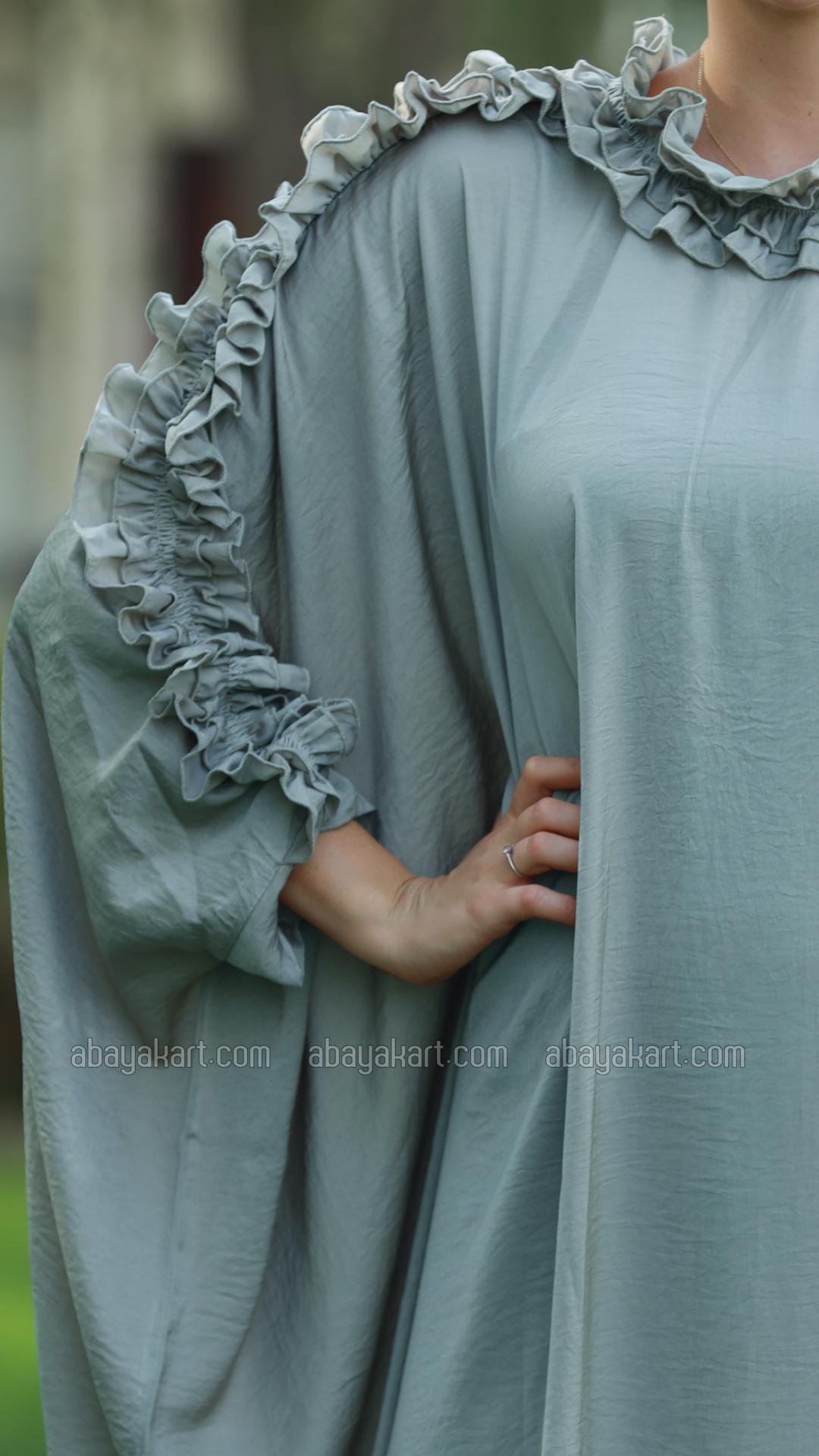 Bulk Kaftan with Frill Work on the Sleeves and Neck in Chrome Grey