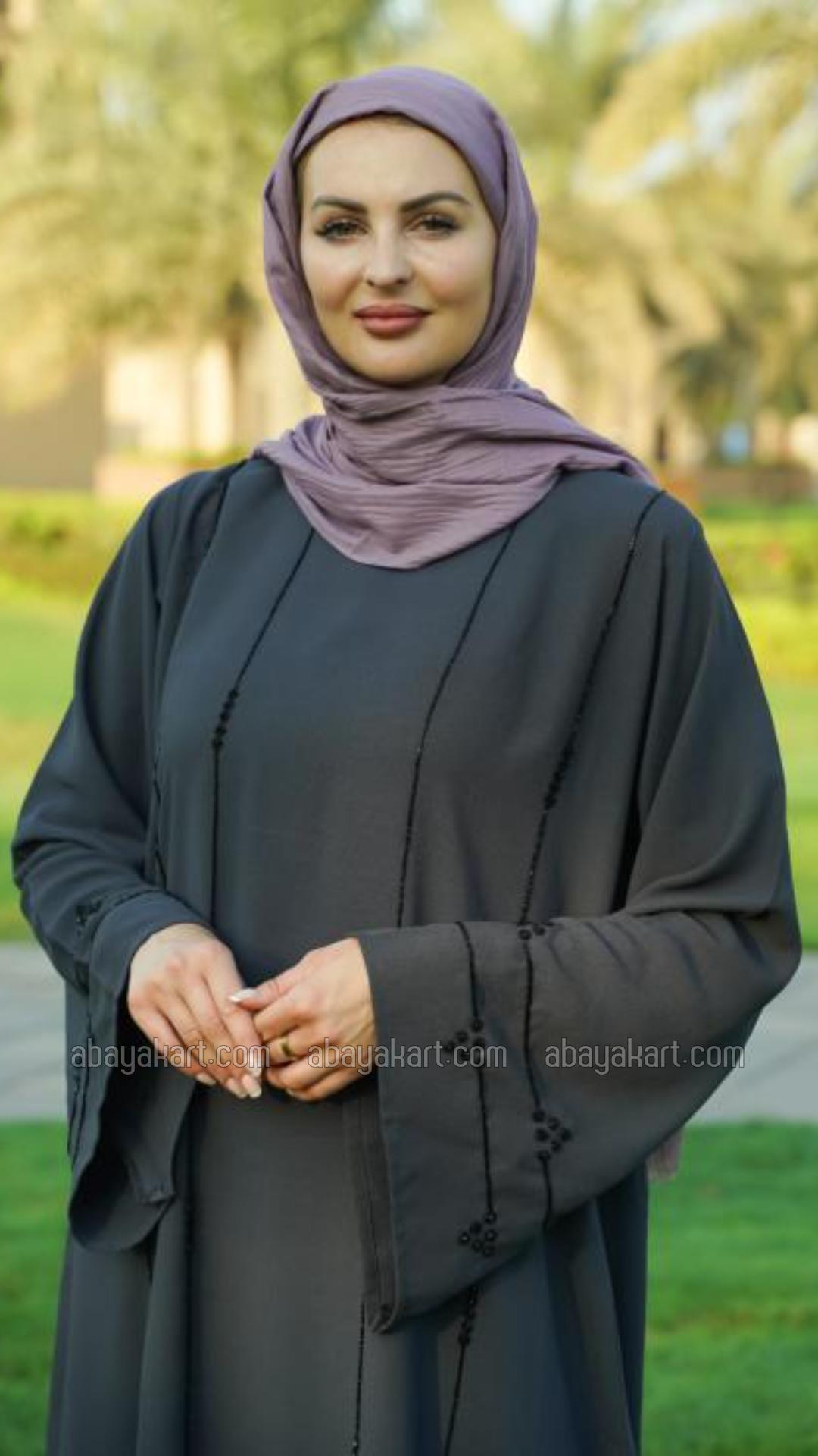 Bulk Masha Crepe Simple Abaya with Black Crystal Hand Work in Ash