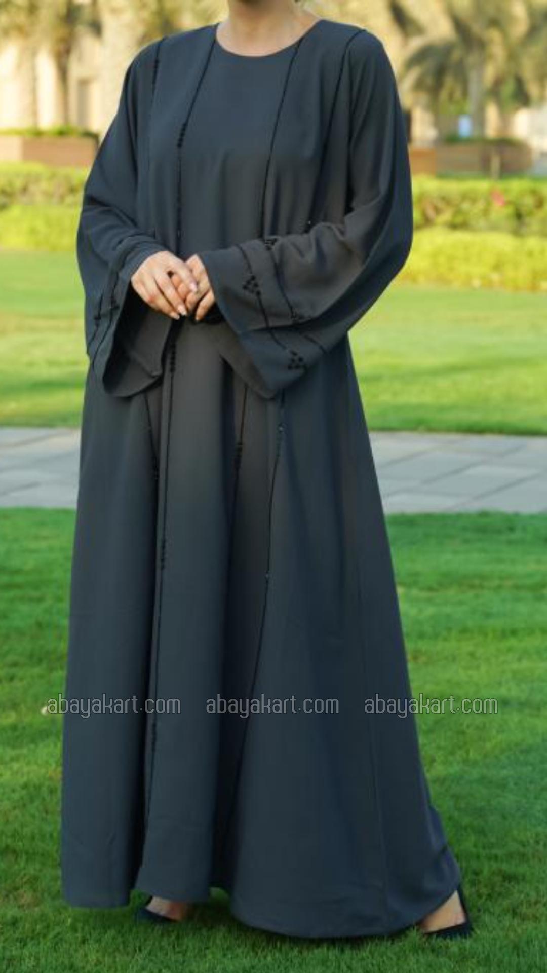 Bulk Masha Crepe Simple Abaya with Black Crystal Hand Work in Ash