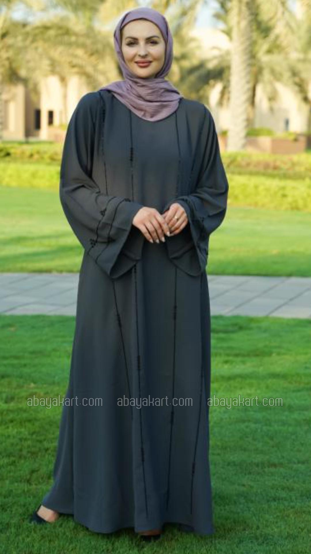 Bulk Masha Crepe Simple Abaya with Black Crystal Hand Work in Ash