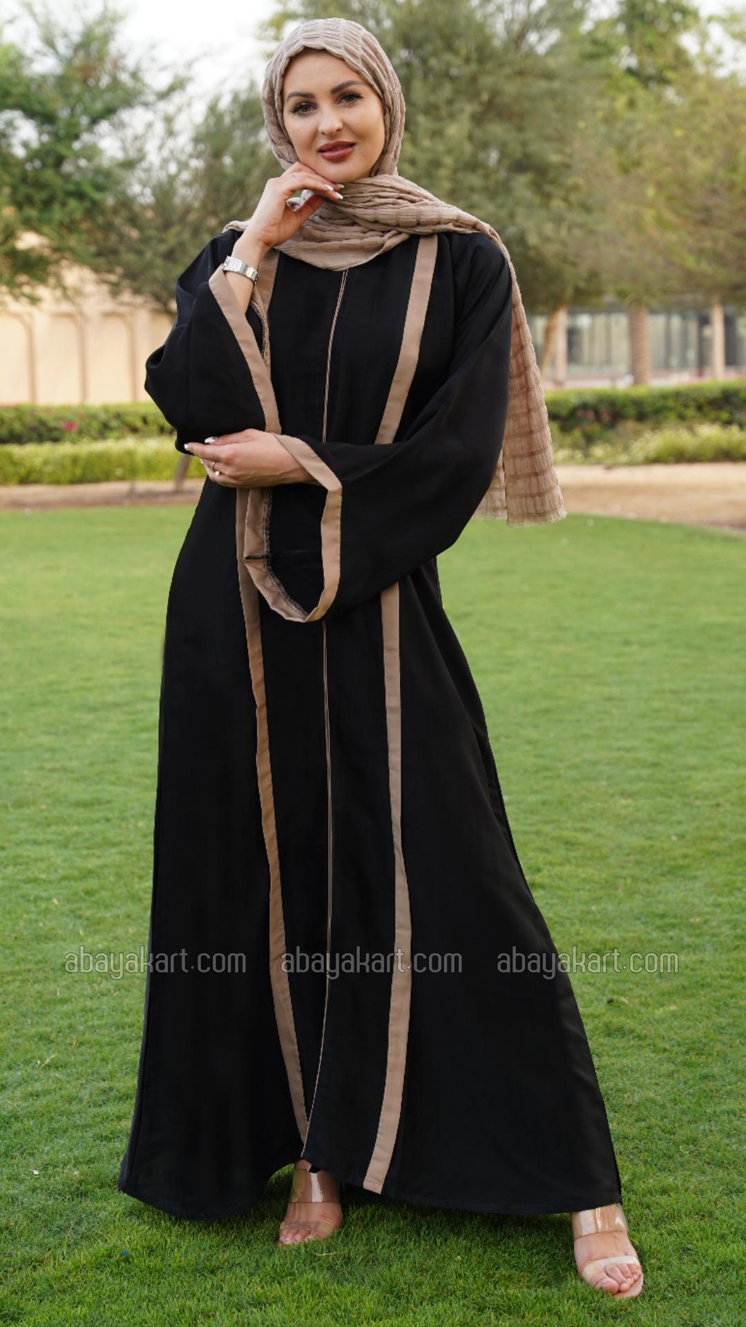 Bulk Abaya with Beige Band Work on the Front and Sleeve Bottom in Black