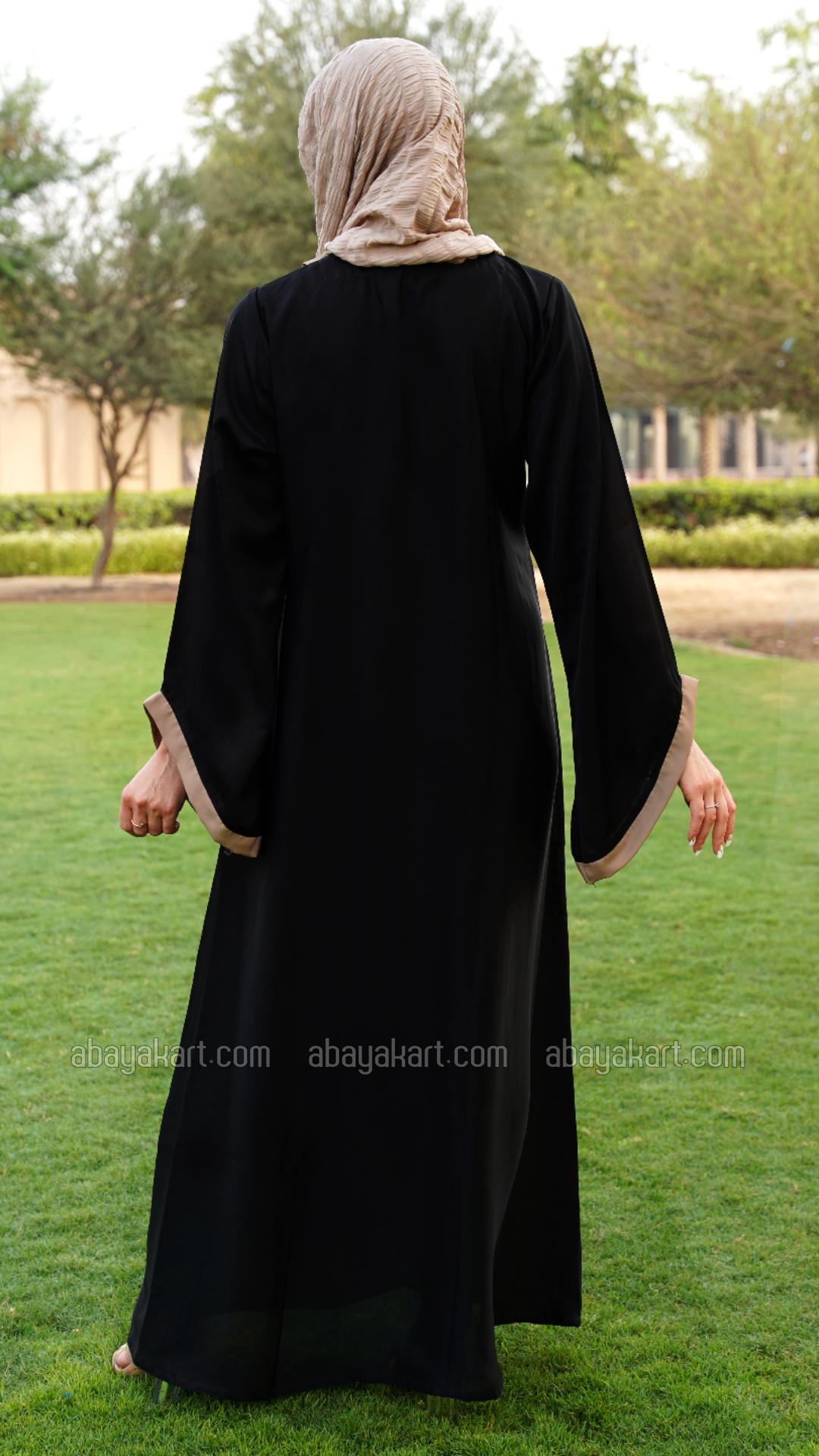 Bulk Abaya with Beige Band Work on the Front and Sleeve Bottom in Black