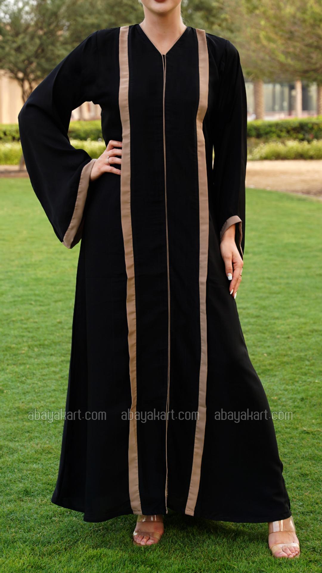 Bulk Abaya with Beige Band Work on the Front and Sleeve Bottom in Black