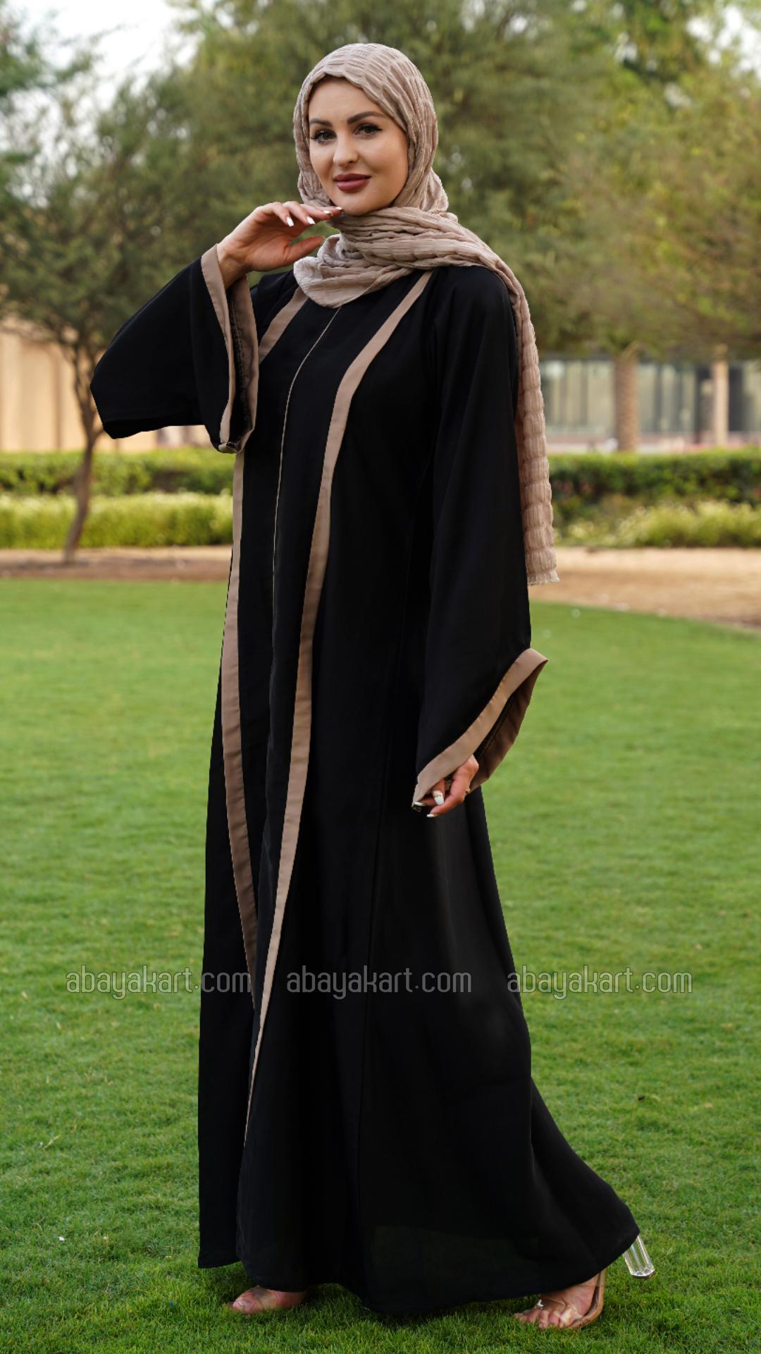 Bulk Abaya with Beige Band Work on the Front and Sleeve Bottom in Black