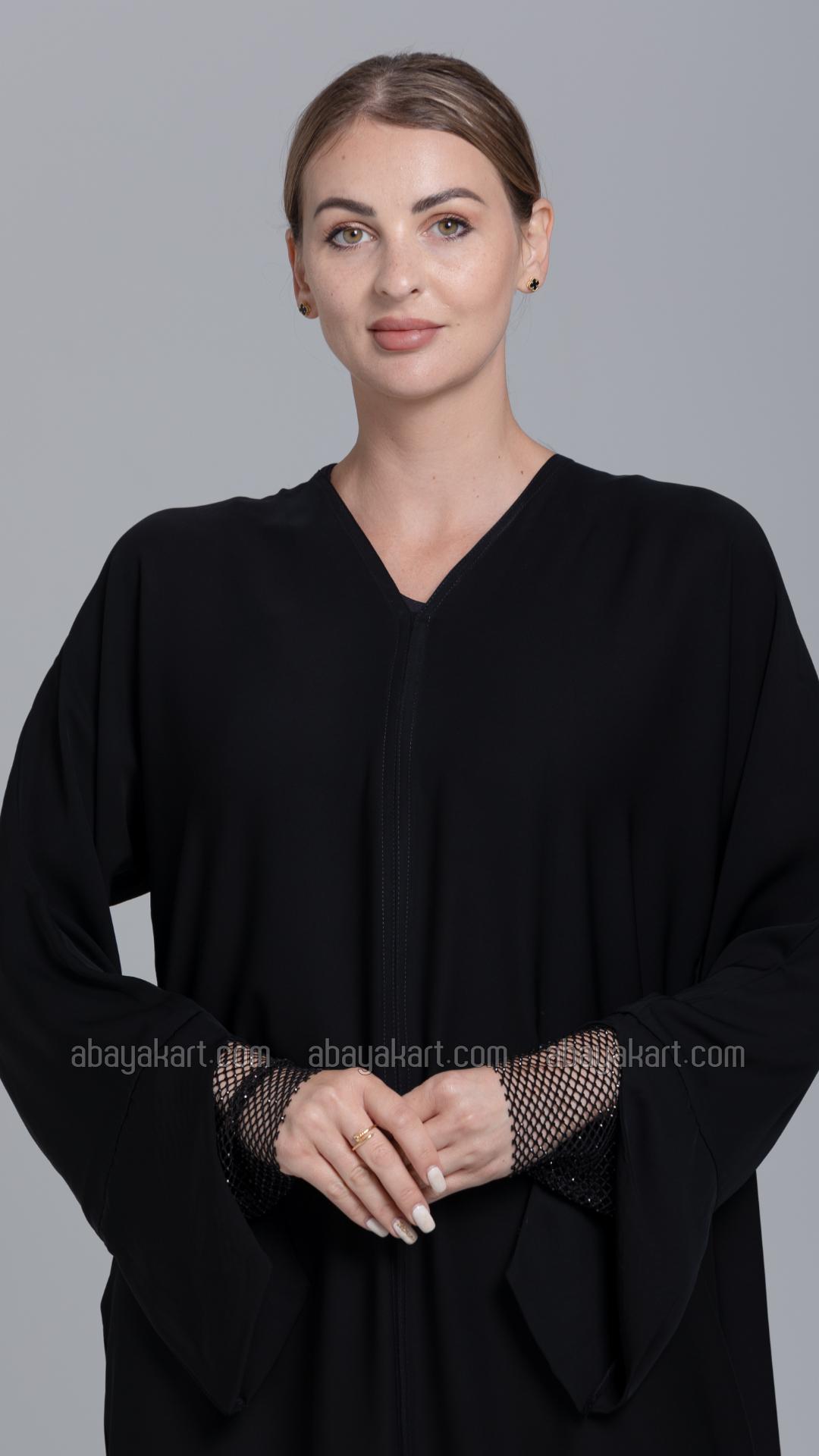 Bulk Simple Abaya with Rhinestone Net Mesh on the Sleeves in Black
