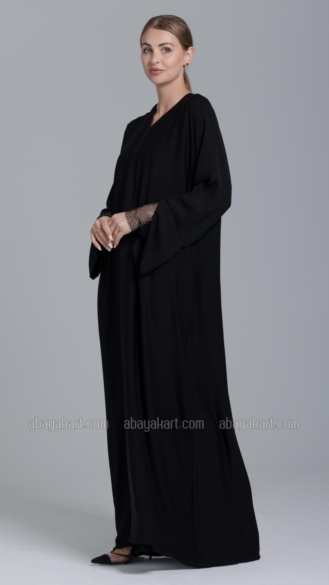 Bulk Simple Abaya with Rhinestone Net Mesh on the Sleeves in Black
