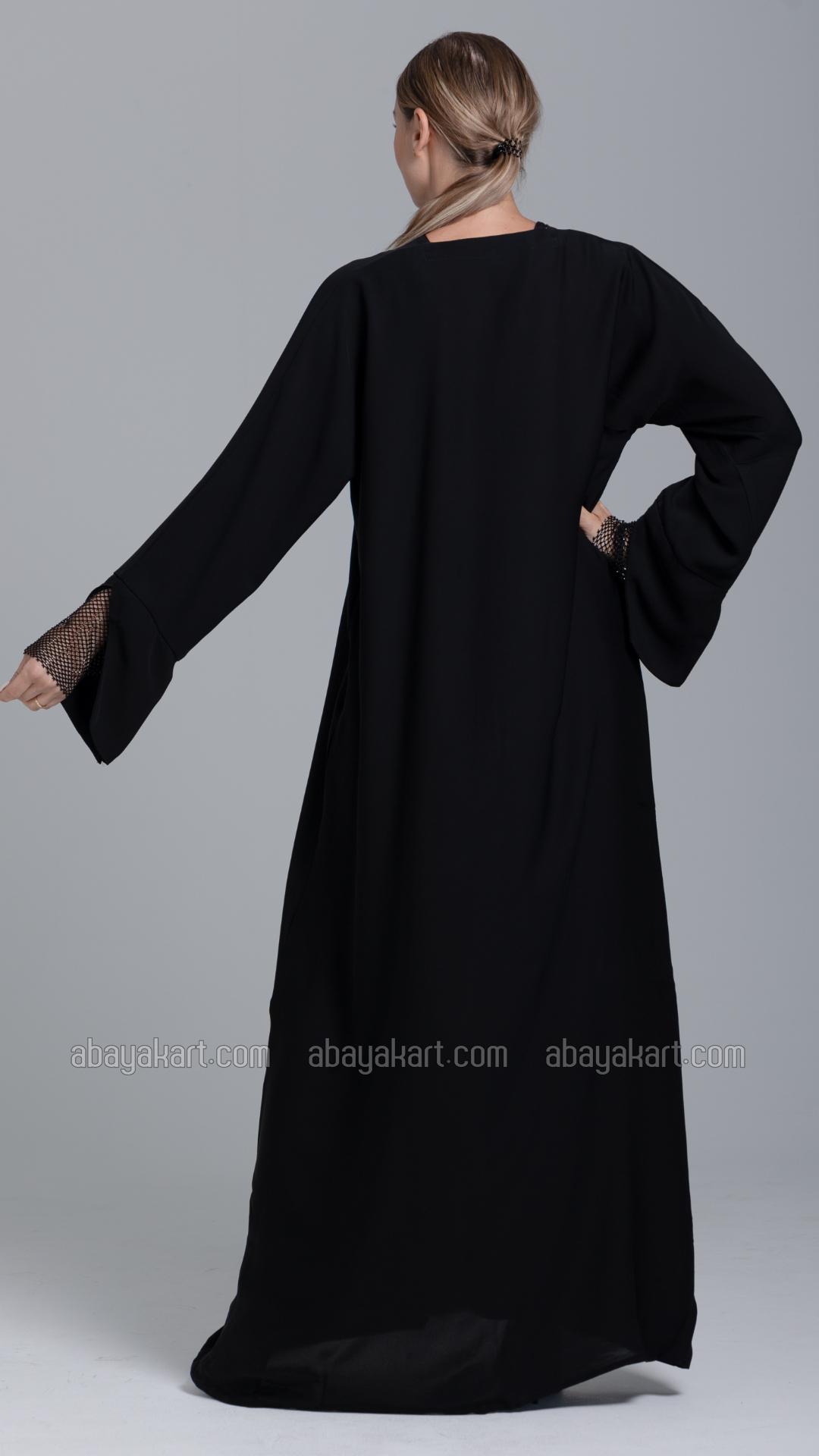 Bulk Simple Abaya with Rhinestone Net Mesh on the Sleeves in Black