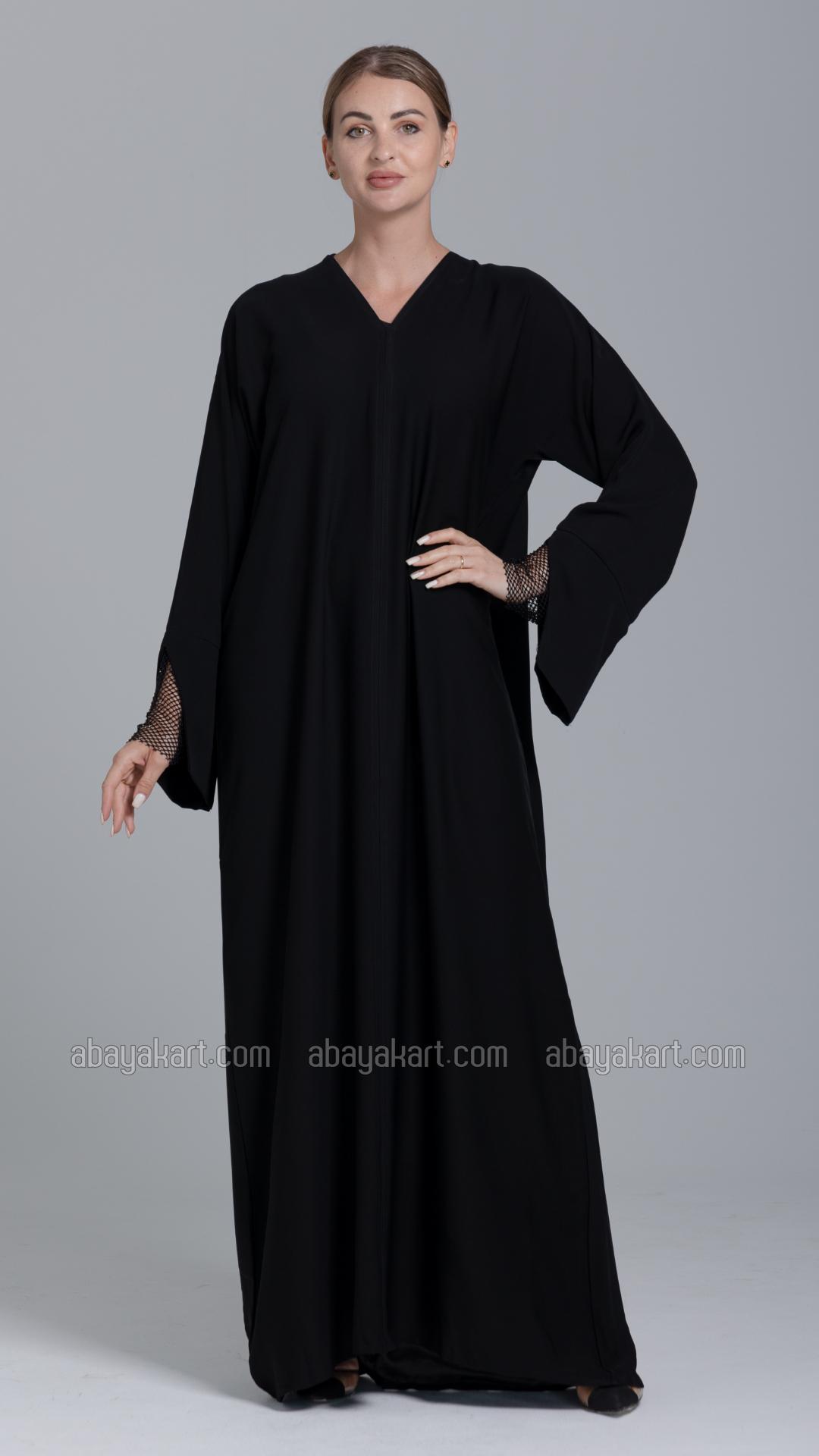Bulk Simple Abaya with Rhinestone Net Mesh on the Sleeves in Black