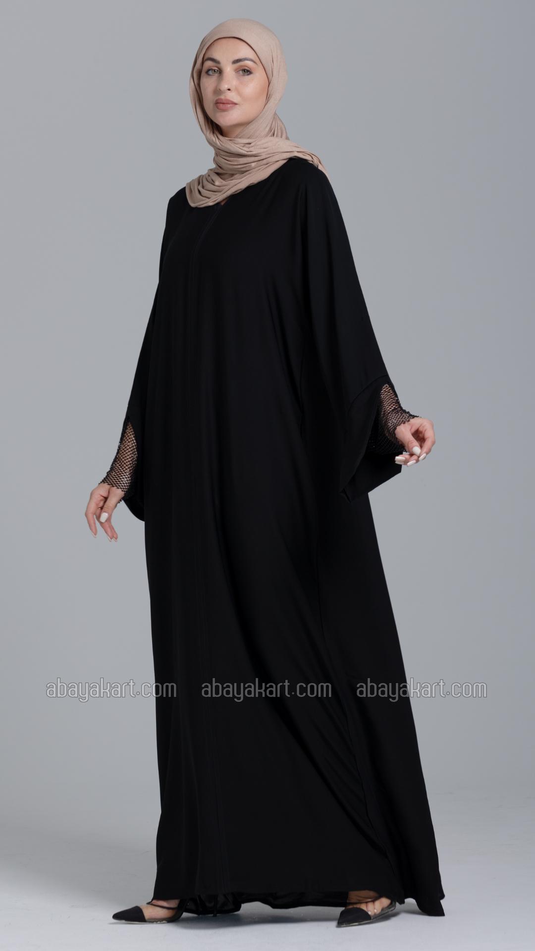 Bulk Simple Abaya with Rhinestone Net Mesh on the Sleeves in Black