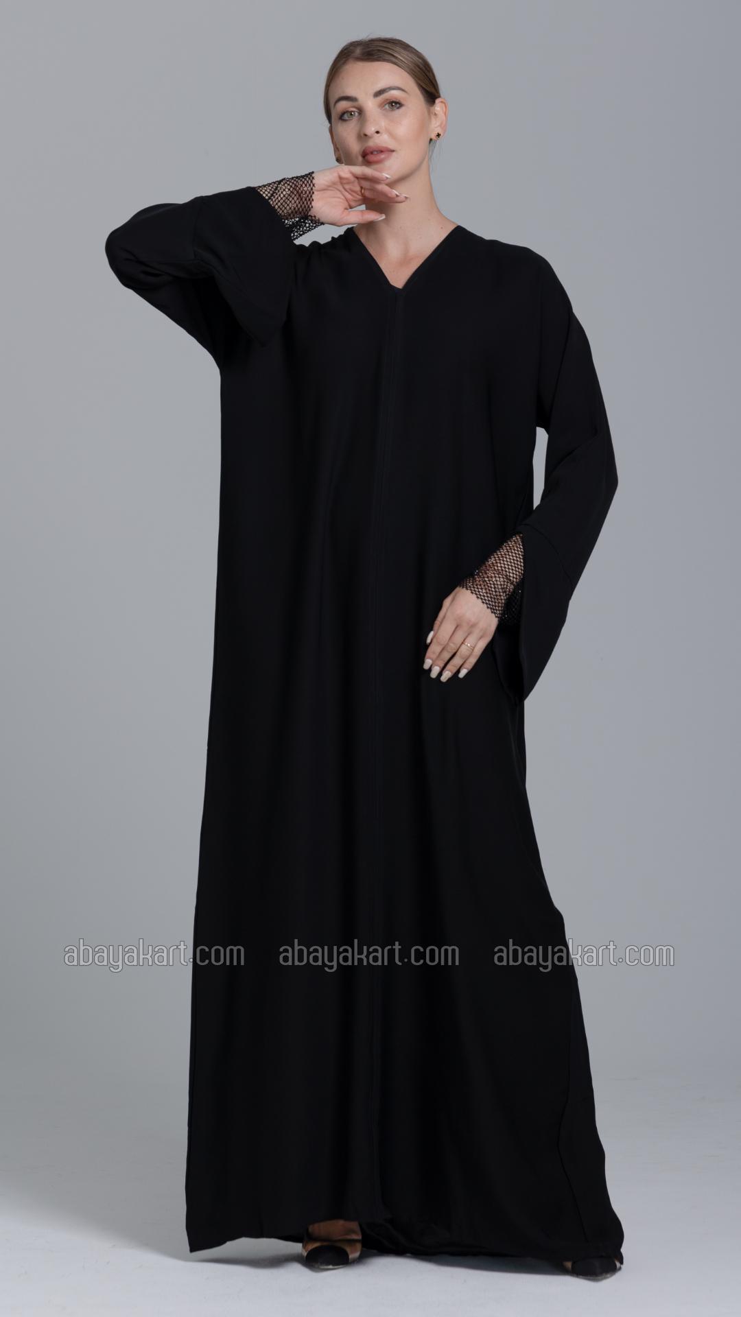 Bulk Simple Abaya with Rhinestone Net Mesh on the Sleeves in Black