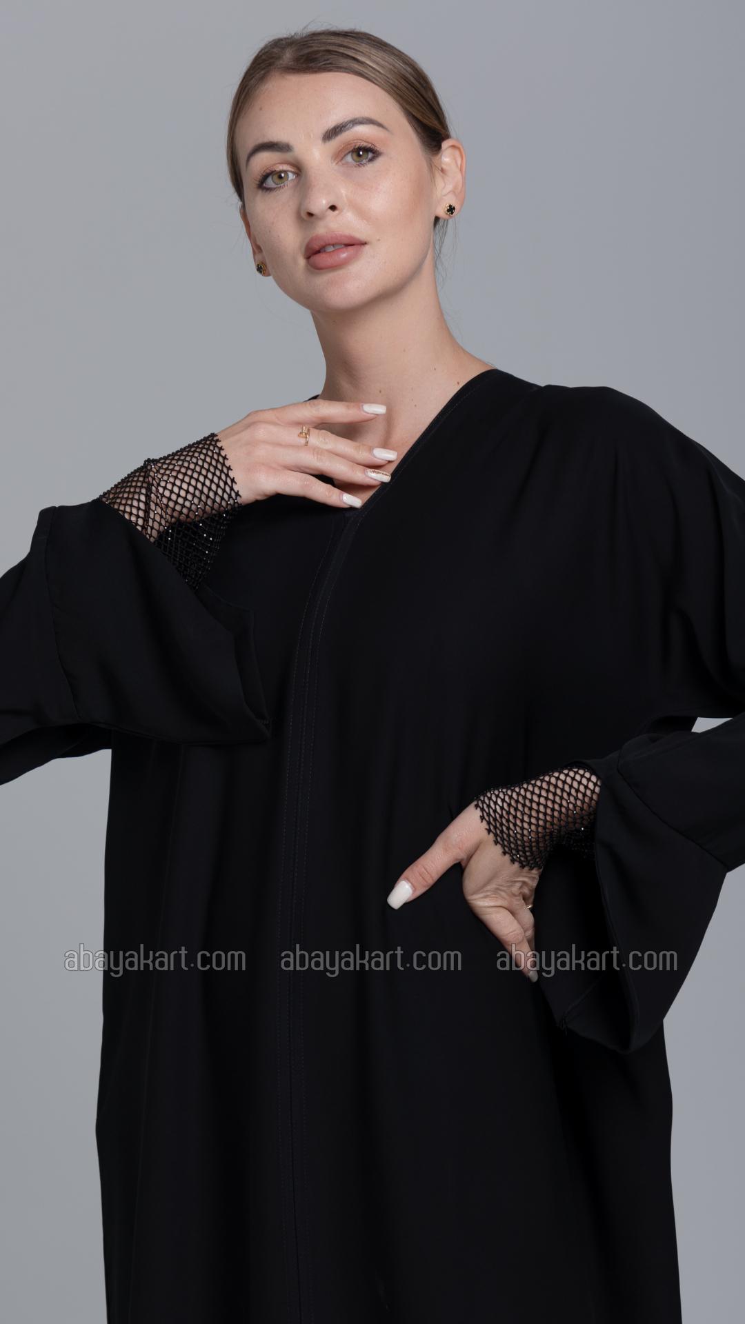 Bulk Simple Abaya with Rhinestone Net Mesh on the Sleeves in Black