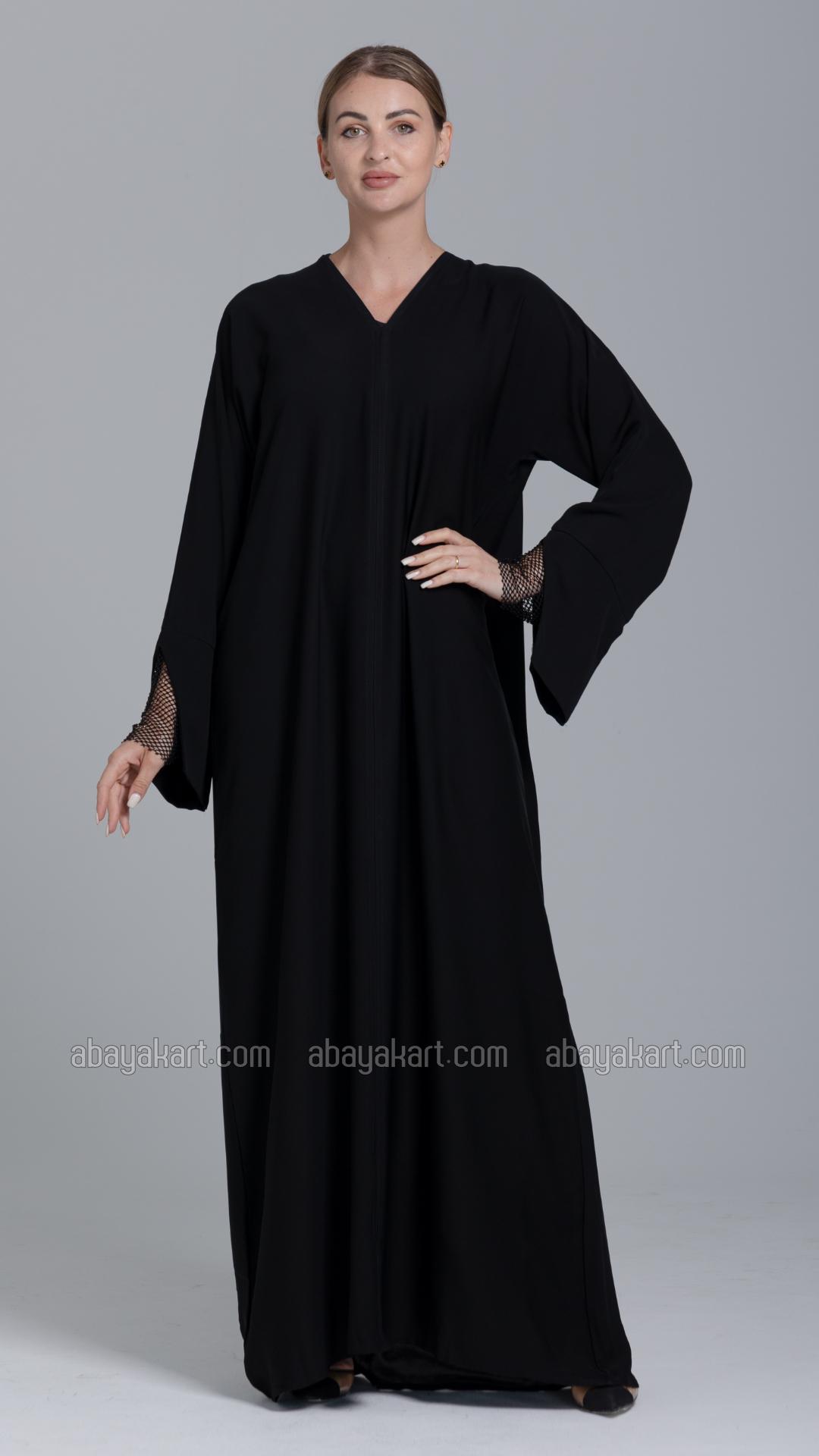 Bulk Simple Abaya with Rhinestone Net Mesh on the Sleeves in Black